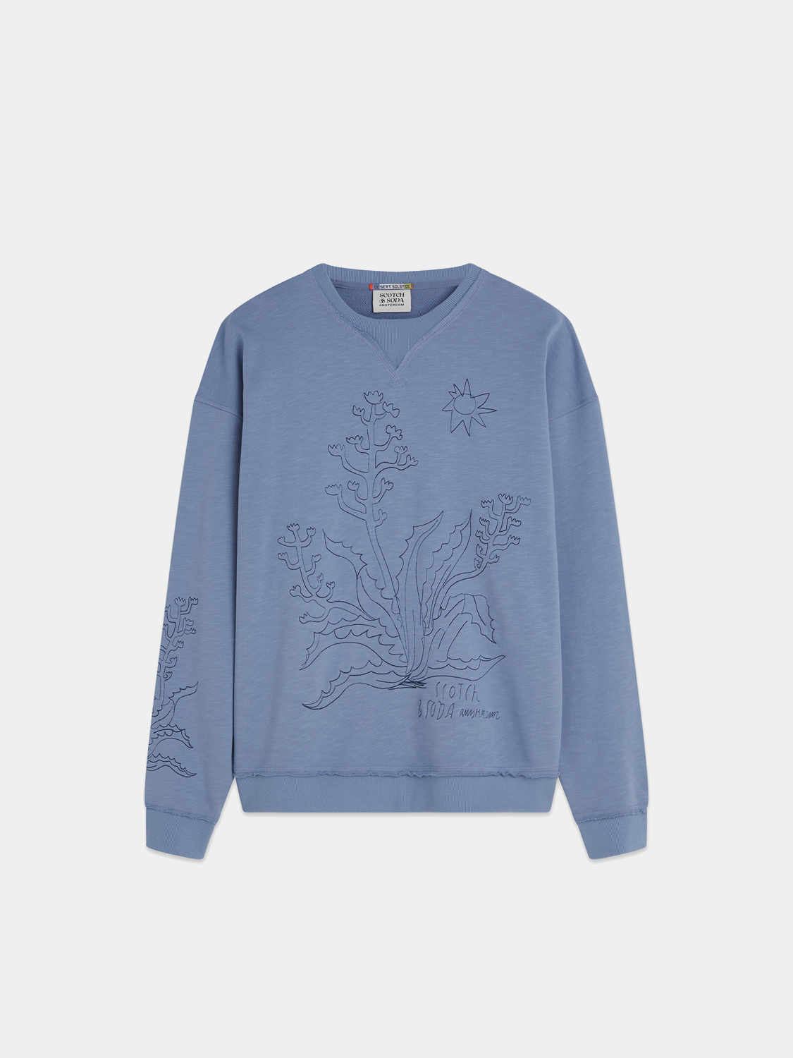 Embroidered sweatshirt from Scotch & Soda featuring detailed needlework and a casual fit, displayed on a neutral background.