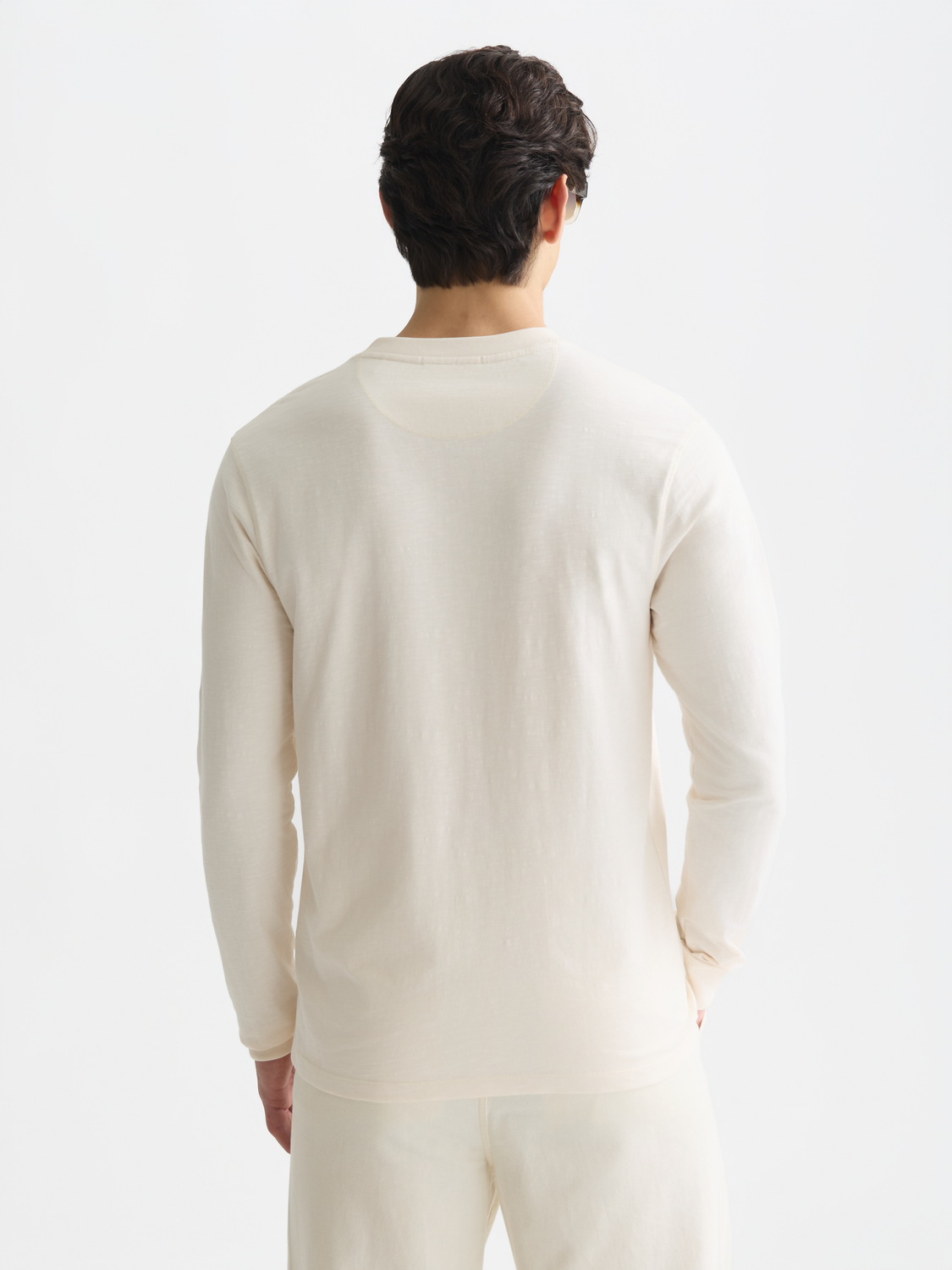 Long sleeve Scotch & Soda Slub Henley T-shirt with button placket and textured fabric, shown from the back.