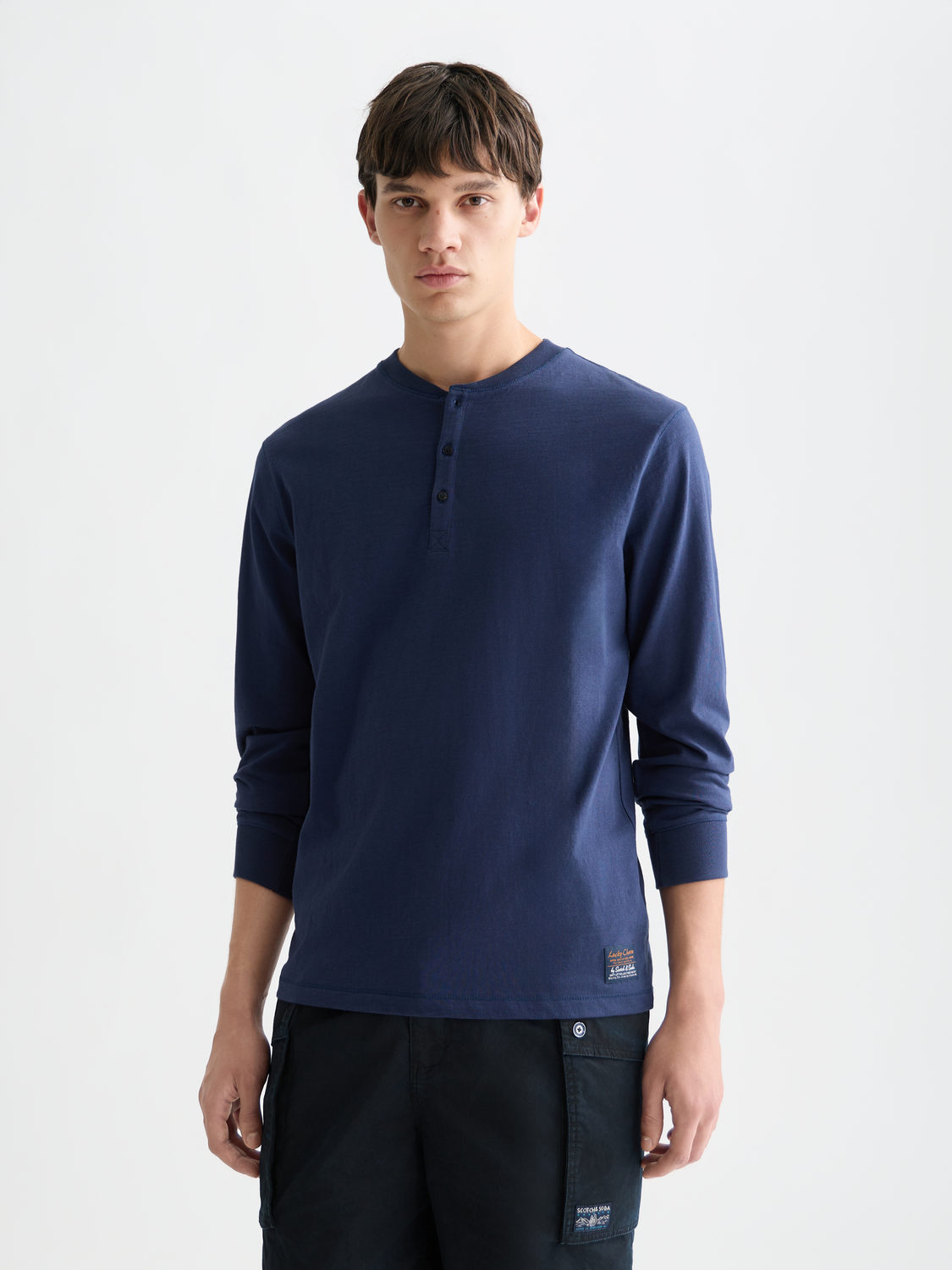 Long sleeve Scotch & Soda Slub Henley T-shirt with buttoned placket in soft fabric, shown in a casual front view.