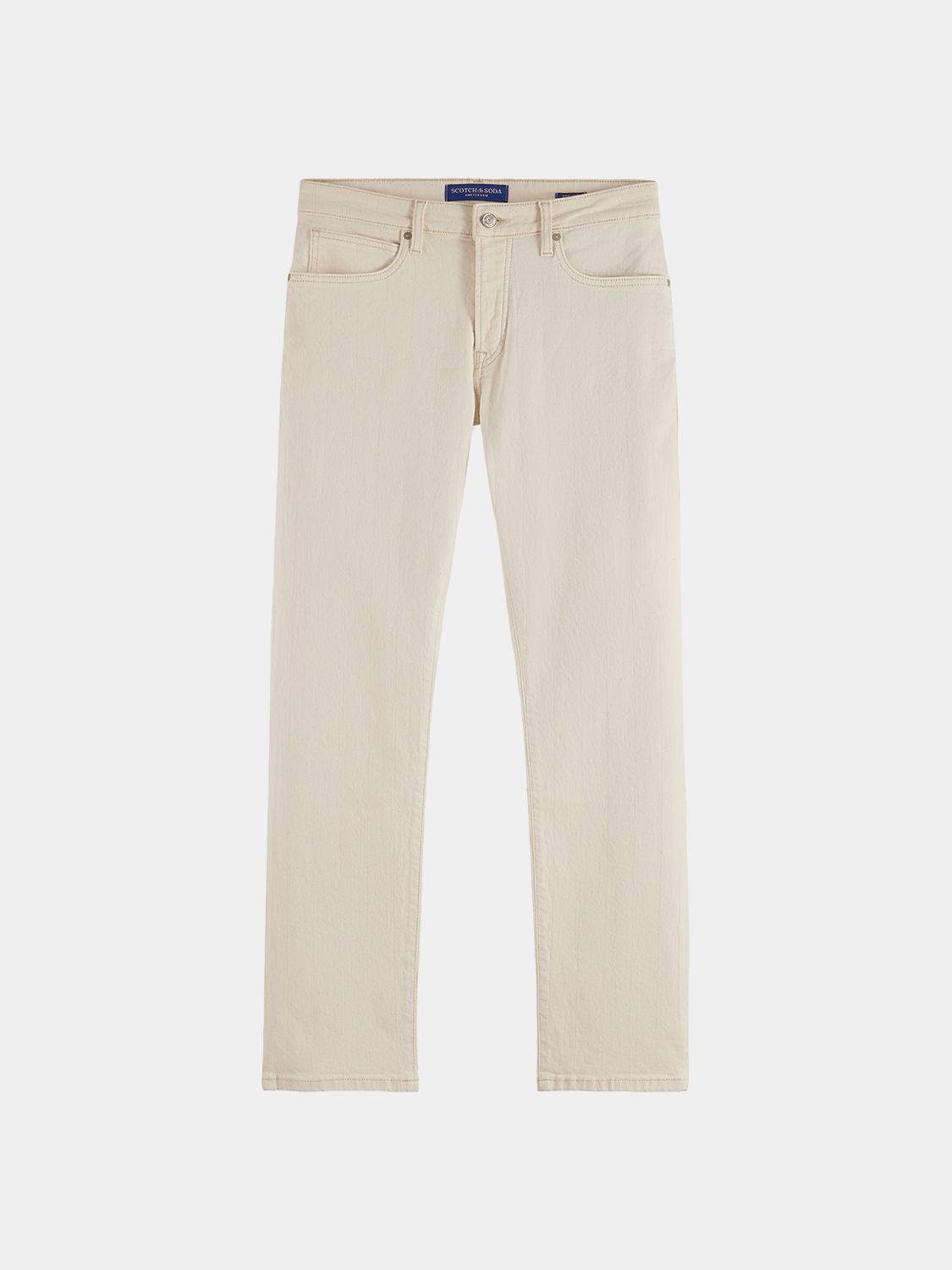 SCOTCH & SODA Zee straight-fit denim jeans shown on a model, featuring classic five-pocket design and dark wash finish.