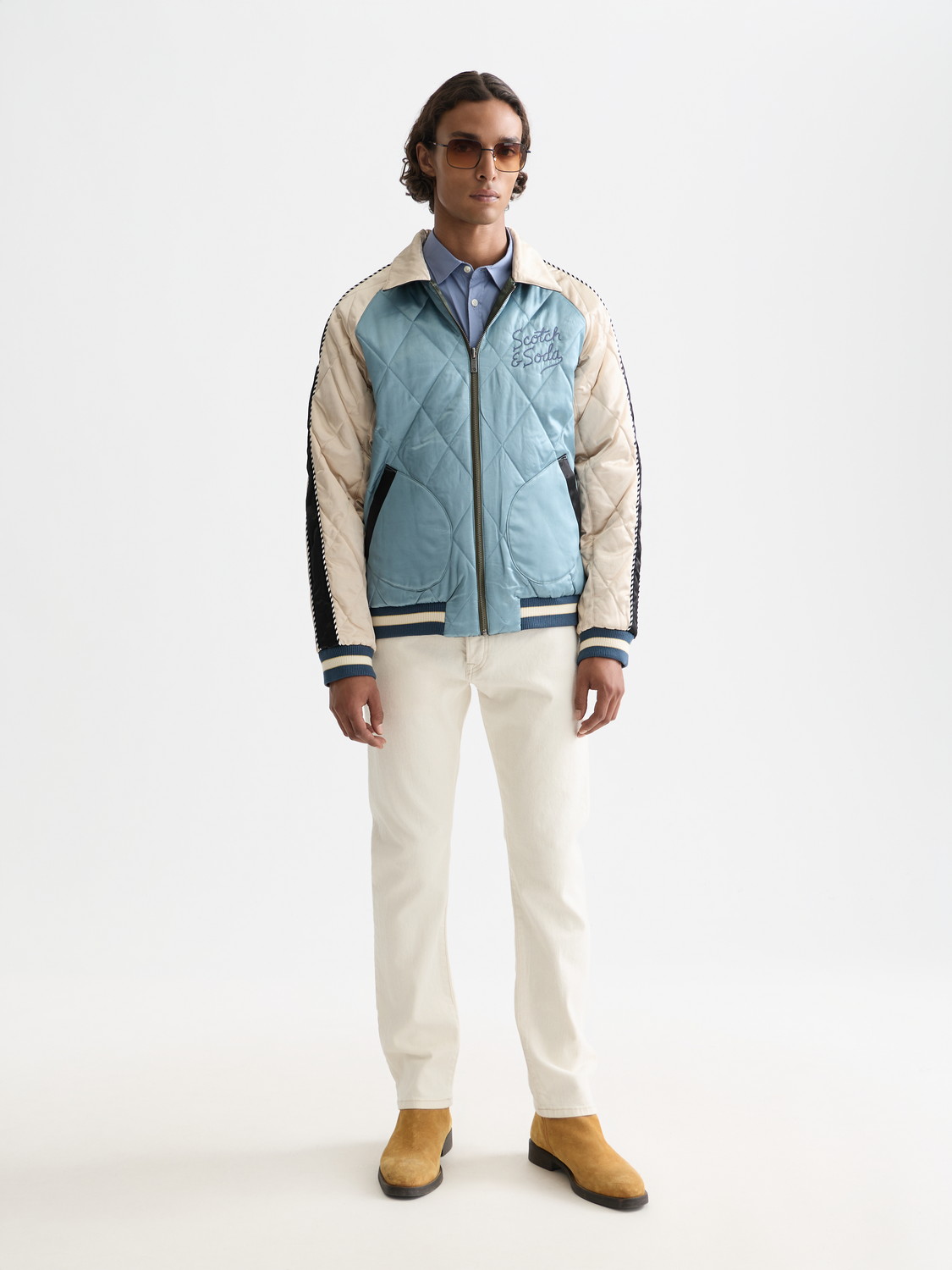 Scotch & Soda Zee straight-fit denim jeans in classic blue, showing front view with pockets and belt loops.