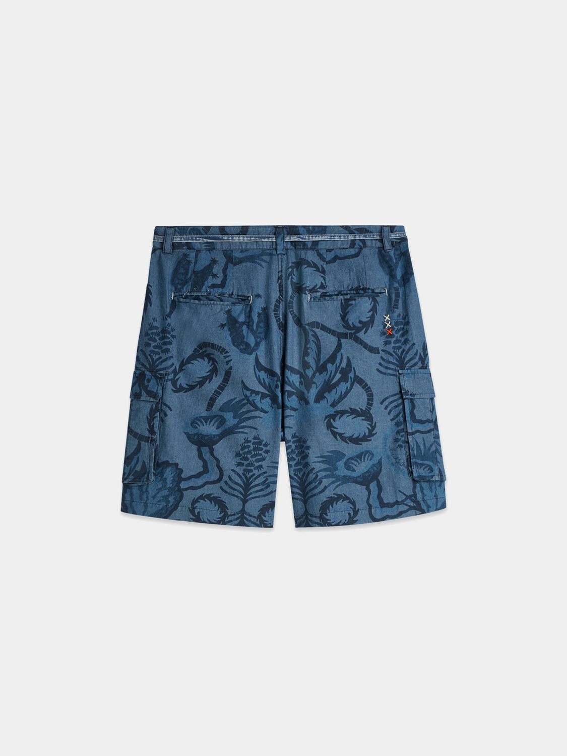Denim cargo shorts by Scotch & Soda with printed design, featuring multiple pockets and a relaxed fit.