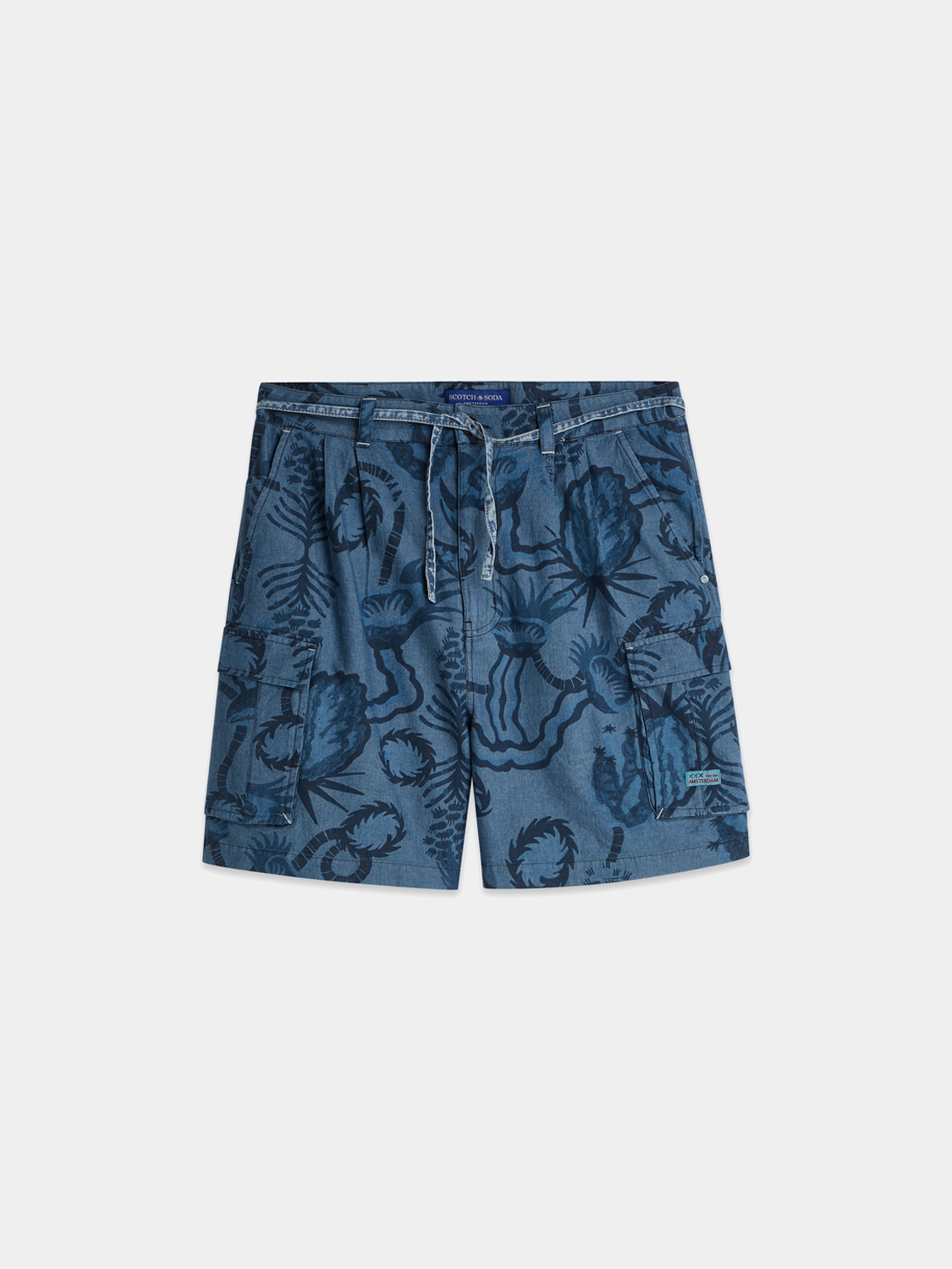 Denim cargo shorts by Scotch & Soda with printed design, front view showing pockets and casual style.