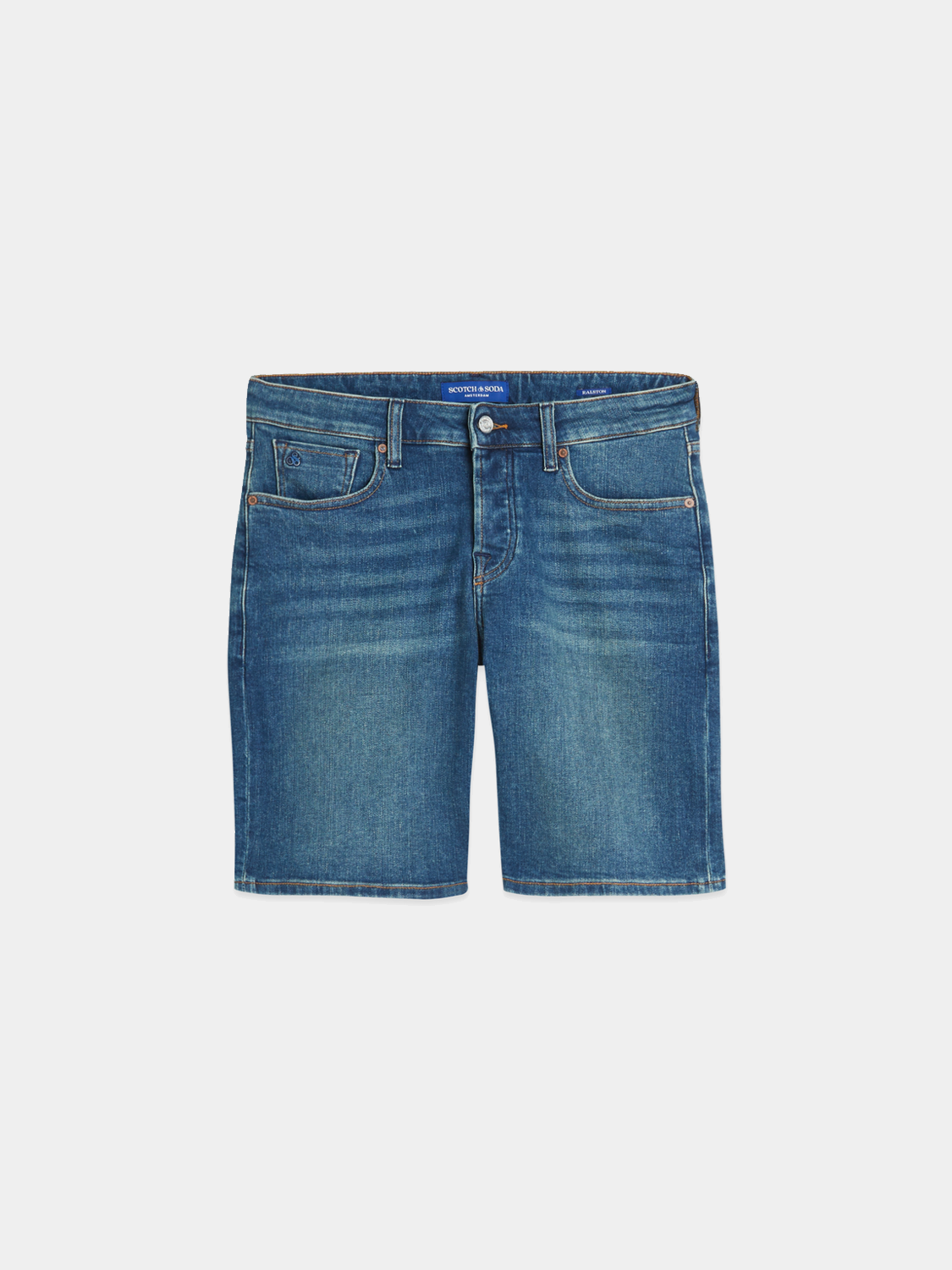 Scotch & Soda Ralston denim shorts with distressed details and a classic five-pocket design, shown on a model.