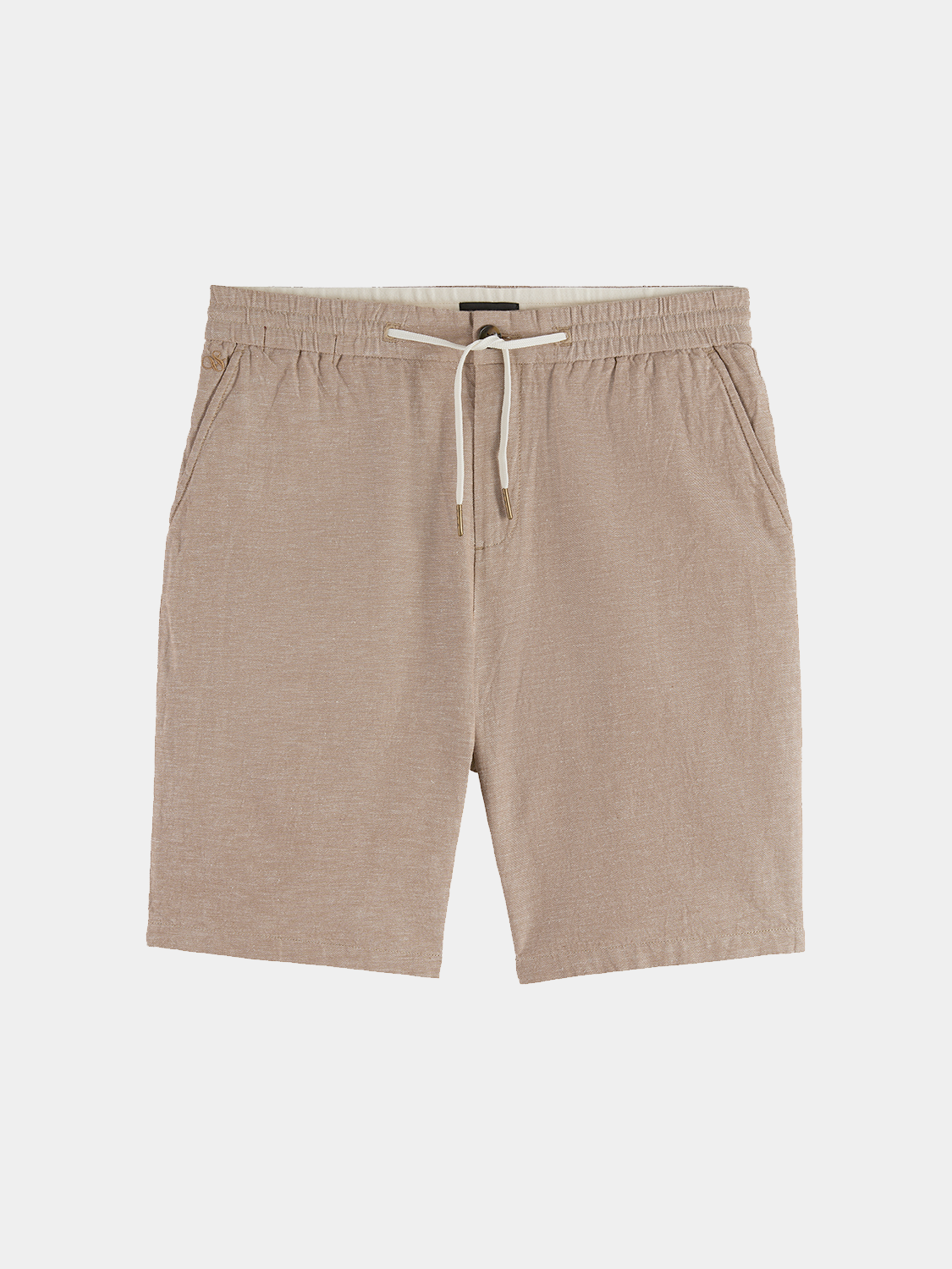 Fave cotton-linen shorts by Scotch & Soda featuring a relaxed fit with a natural beige tone and side pockets.