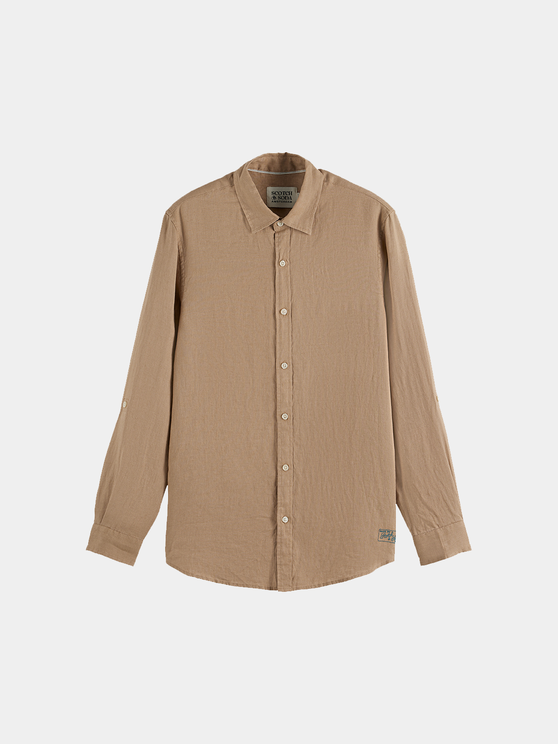 Long-sleeve linen shirt by Scotch & Soda, light fabric with a relaxed fit, shown on a model with a neutral background.