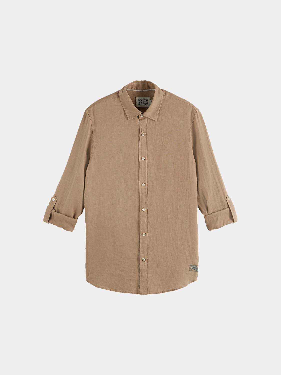 Long-sleeve linen shirt by Scotch & Soda, light and breathable fabric, shown in a front view with collar and button closure.