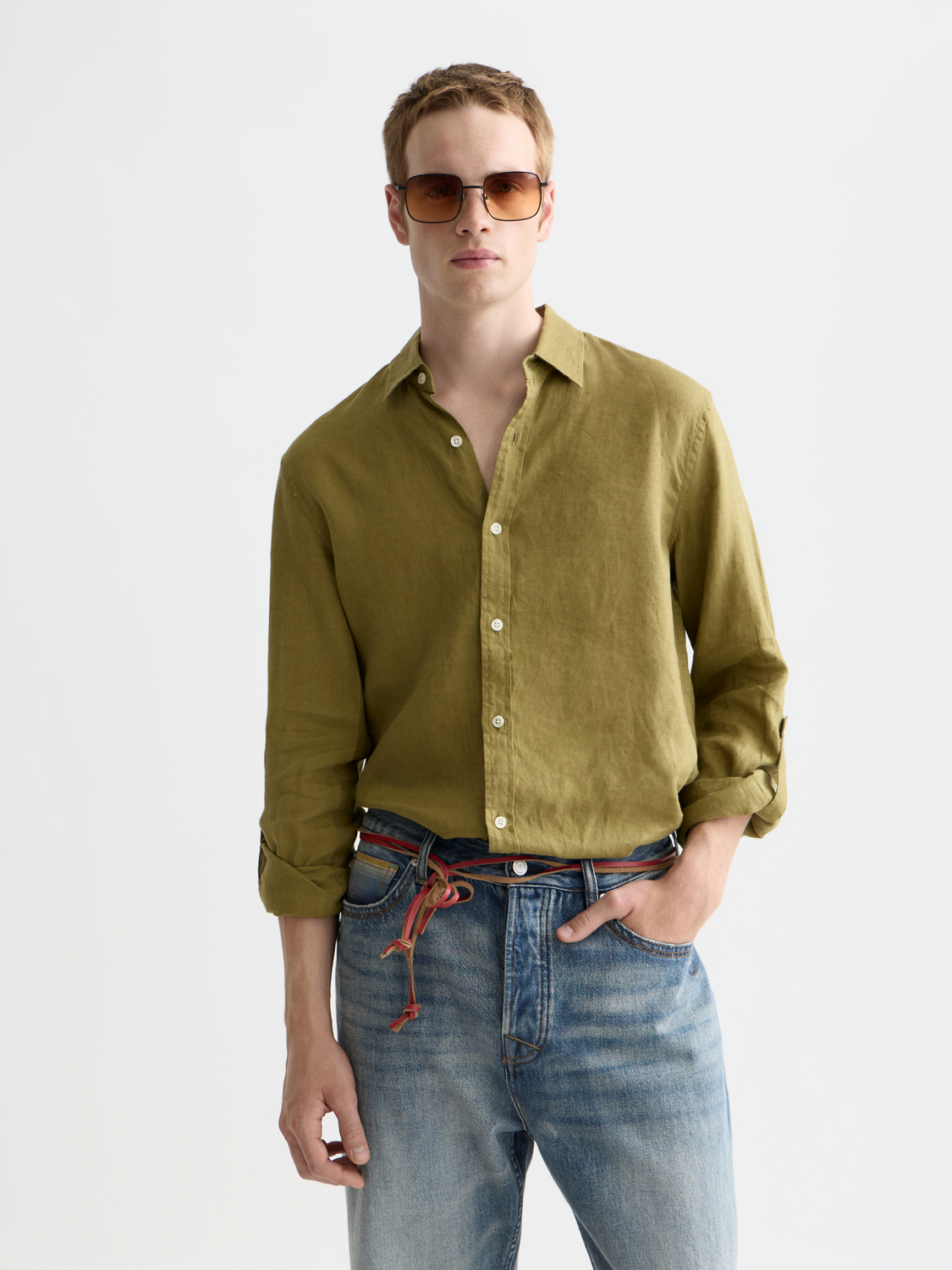 Long-sleeve linen shirt by Scotch & Soda, shown in a natural relaxed fit, with a collar and button-down front.
