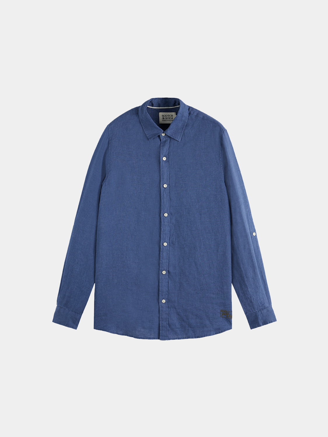 Light blue Scotch & Soda linen long-sleeve shirt with a classic collar and button front, displayed on a hanger.