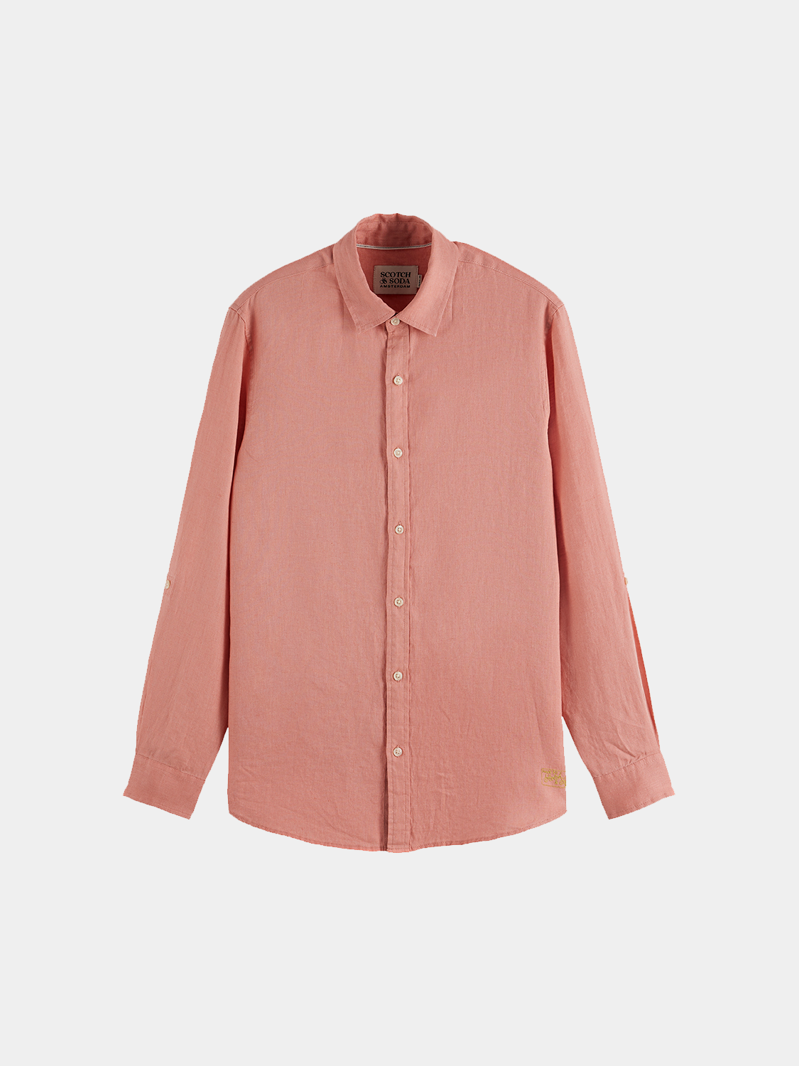 Light blue Scotch & Soda linen long-sleeve shirt displayed flat showing collar, buttons, and fabric texture.