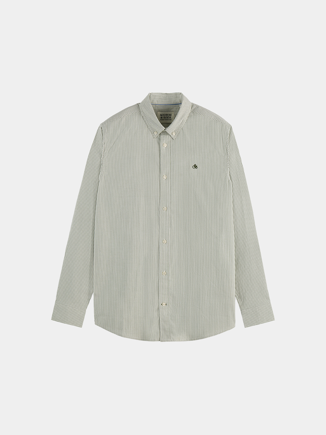 Long-sleeve Scotch & Soda Oxford striped shirt displayed on a hanger, featuring classic blue and white vertical stripes.