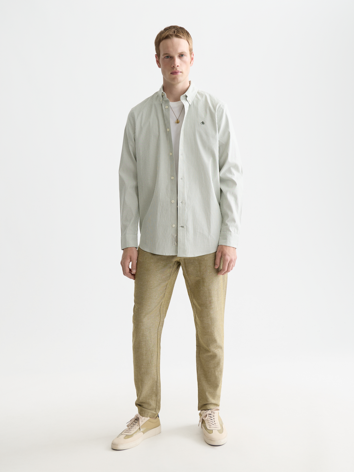 Long-sleeve Scotch & Soda Oxford striped shirt with classic blue and white vertical stripes on soft cotton fabric.