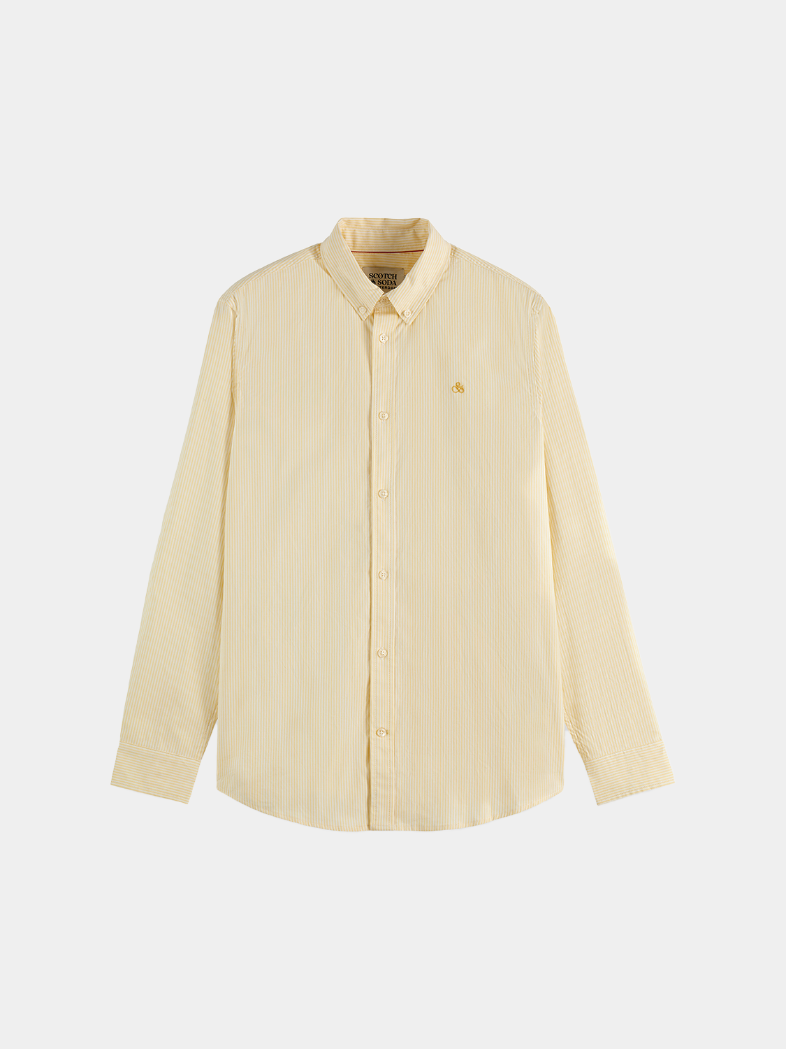 Long sleeve Scotch & Soda Oxford striped shirt with blue and white vertical stripes on a mannequin.