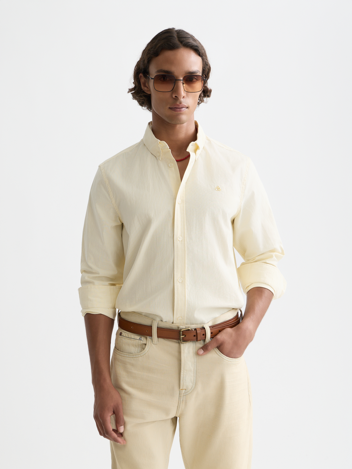Long-sleeve Scotch & Soda Oxford striped shirt with classic blue and white vertical stripes, button-down collar, and front pocket.
