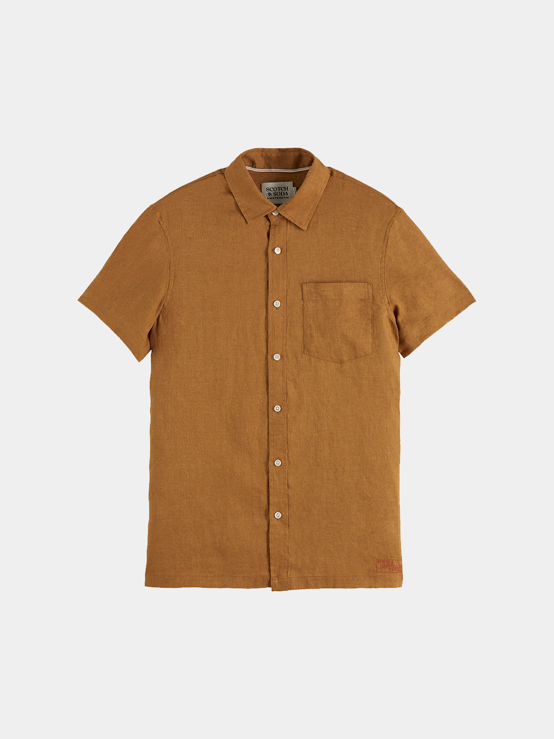 Light beige short-sleeved linen shirt from Scotch & Soda, featuring a casual fit and classic collar design.