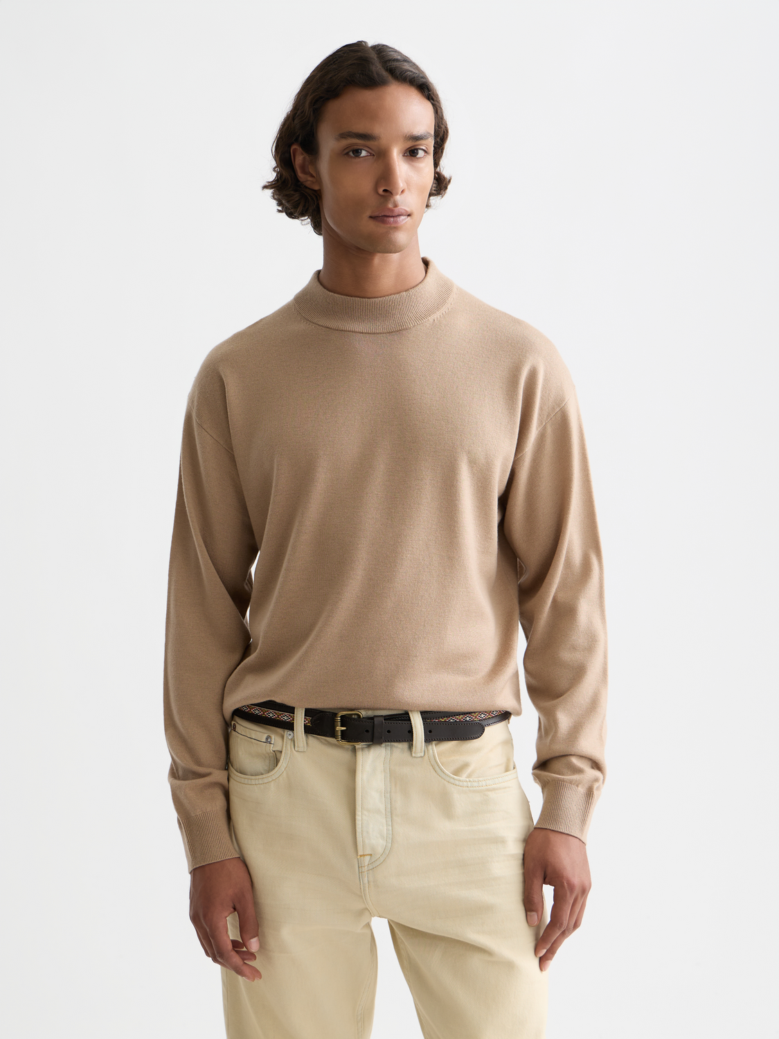 Scotch & Soda dropped shoulder mock neck knitwear in soft fabric, featuring a relaxed fit and stylish design.