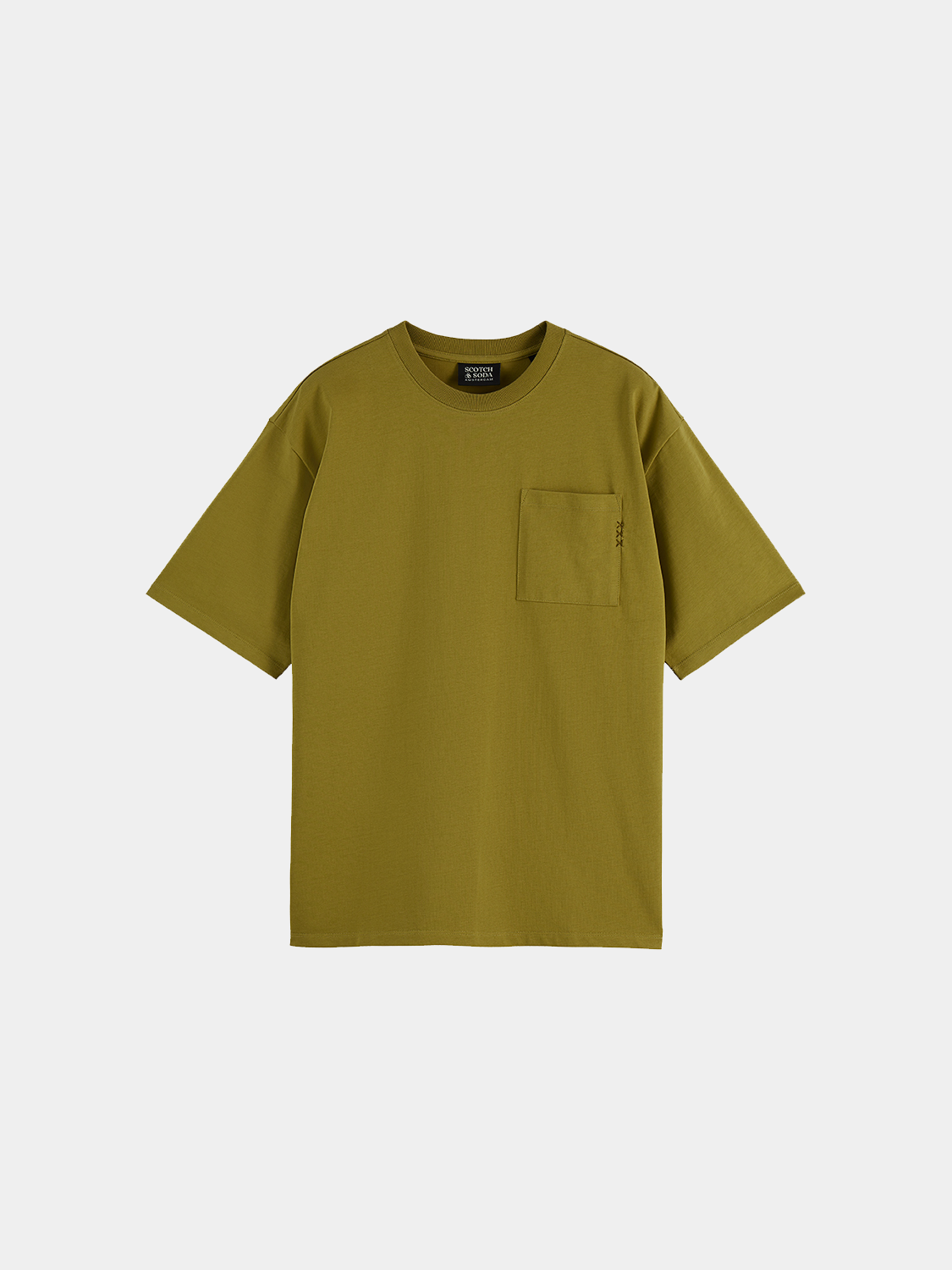 Light gray Scotch & Soda short-sleeve chest pocket t-shirt with a small front pocket and crew neckline, casual and stylish.