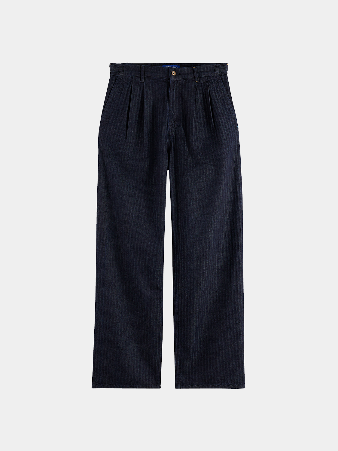 Loose-fit denim jeans by Scotch & Soda, featuring classic five-pocket style and a relaxed fit, shown hanging on a display.