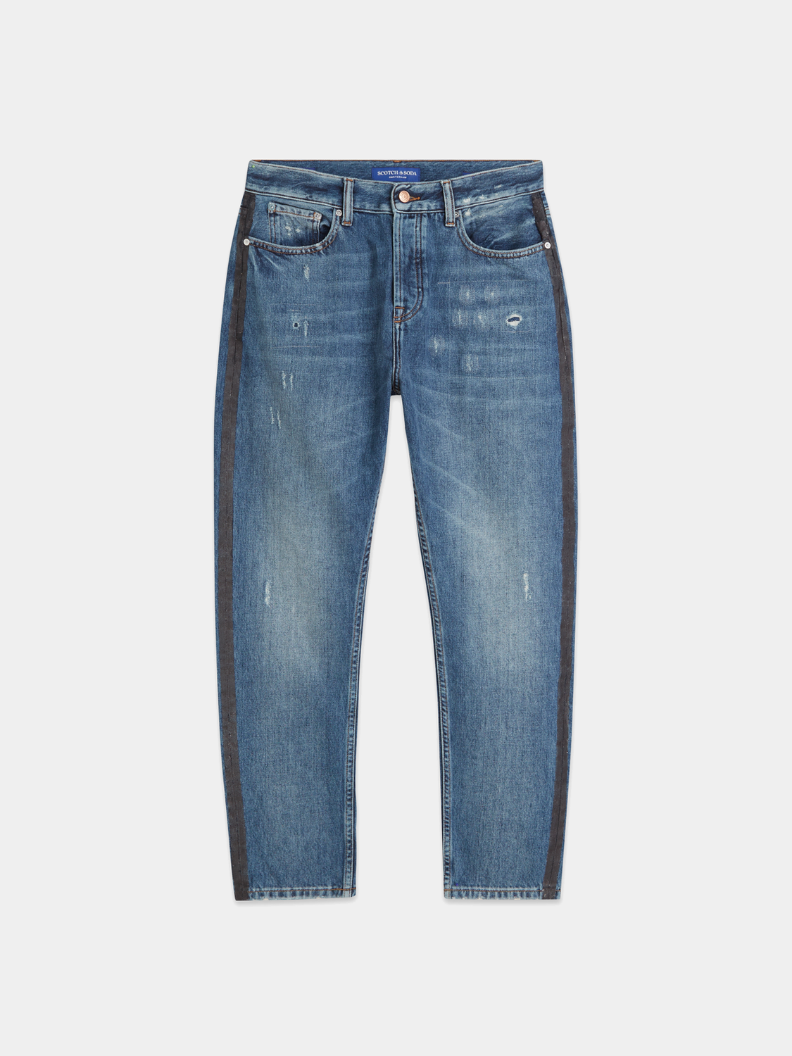 SCOTCH & SODA Dean tapered denim jeans with classic five-pocket design and faded blue wash, displayed on a plain background.