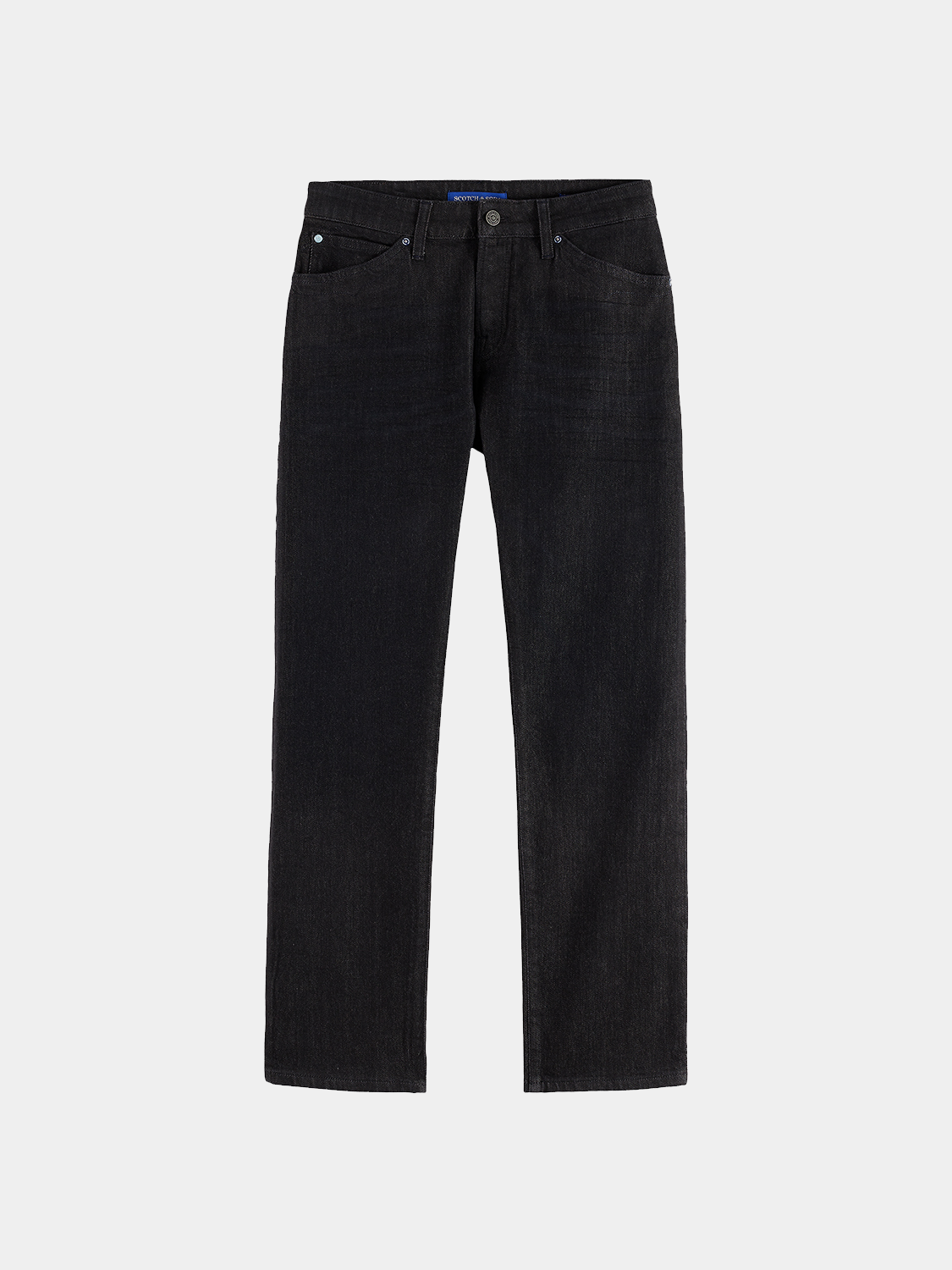 Scotch & Soda Zee straight-fit denim jeans displayed on a hanger, showing classic blue denim with minimal distressing.