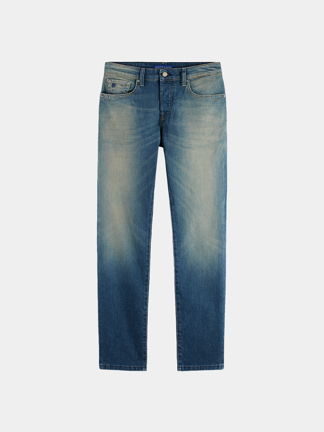 SCOTCH & SODA Ralston slim-fit denim jeans with classic five-pocket design and dark wash, displayed flat.