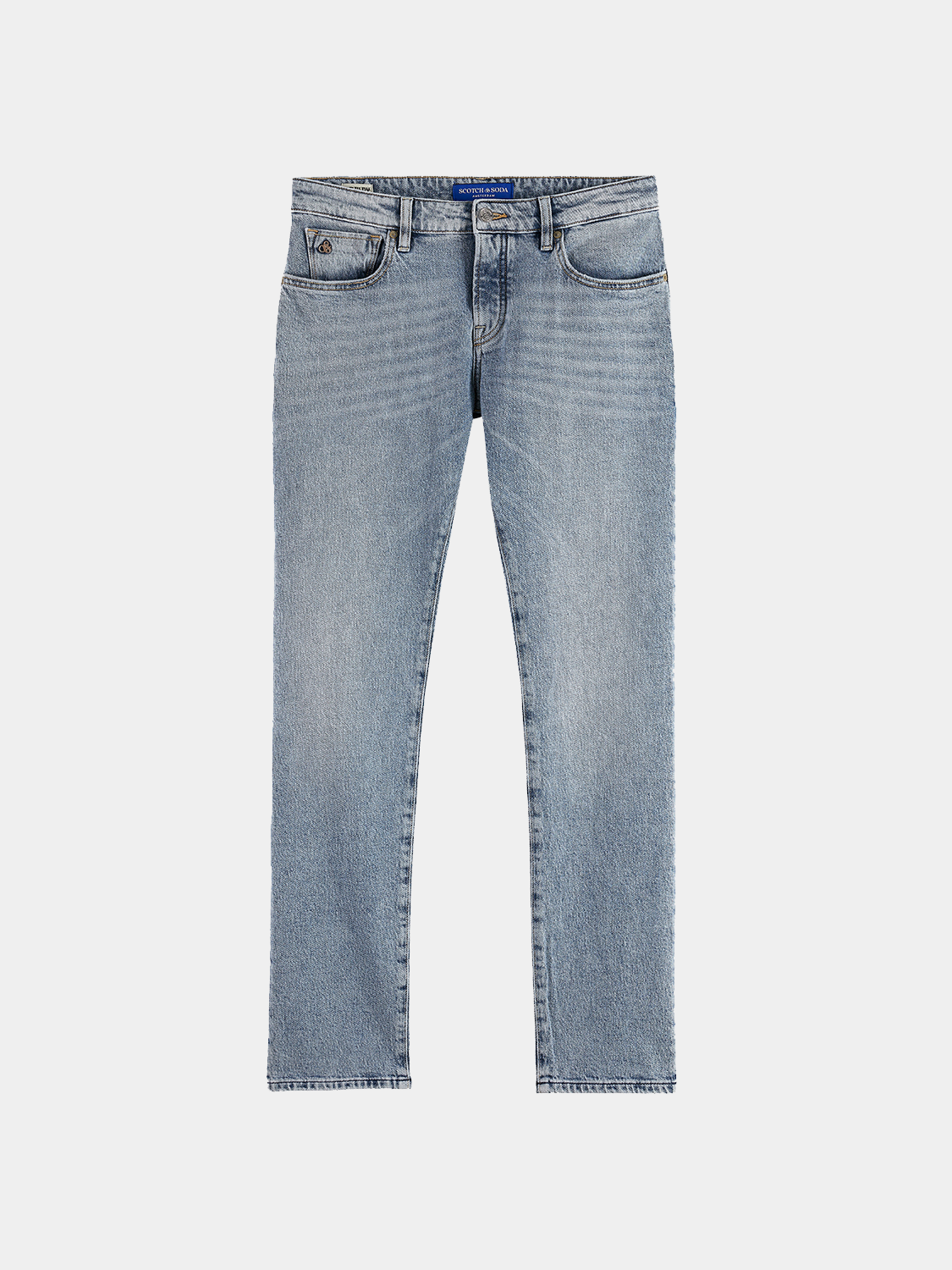Slim-fit denim jeans by Scotch & Soda featuring a classic five-pocket design and a dark indigo wash.