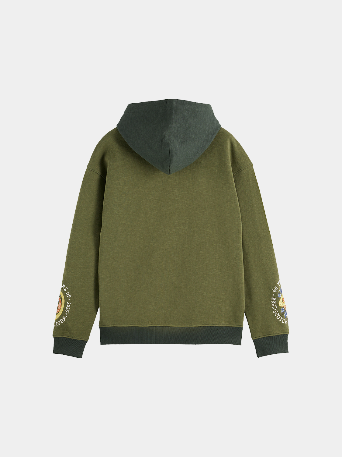 Embroidered hoodie by Scotch & Soda, casual sweats with detailed embroidery, front view showing design and fabric texture.