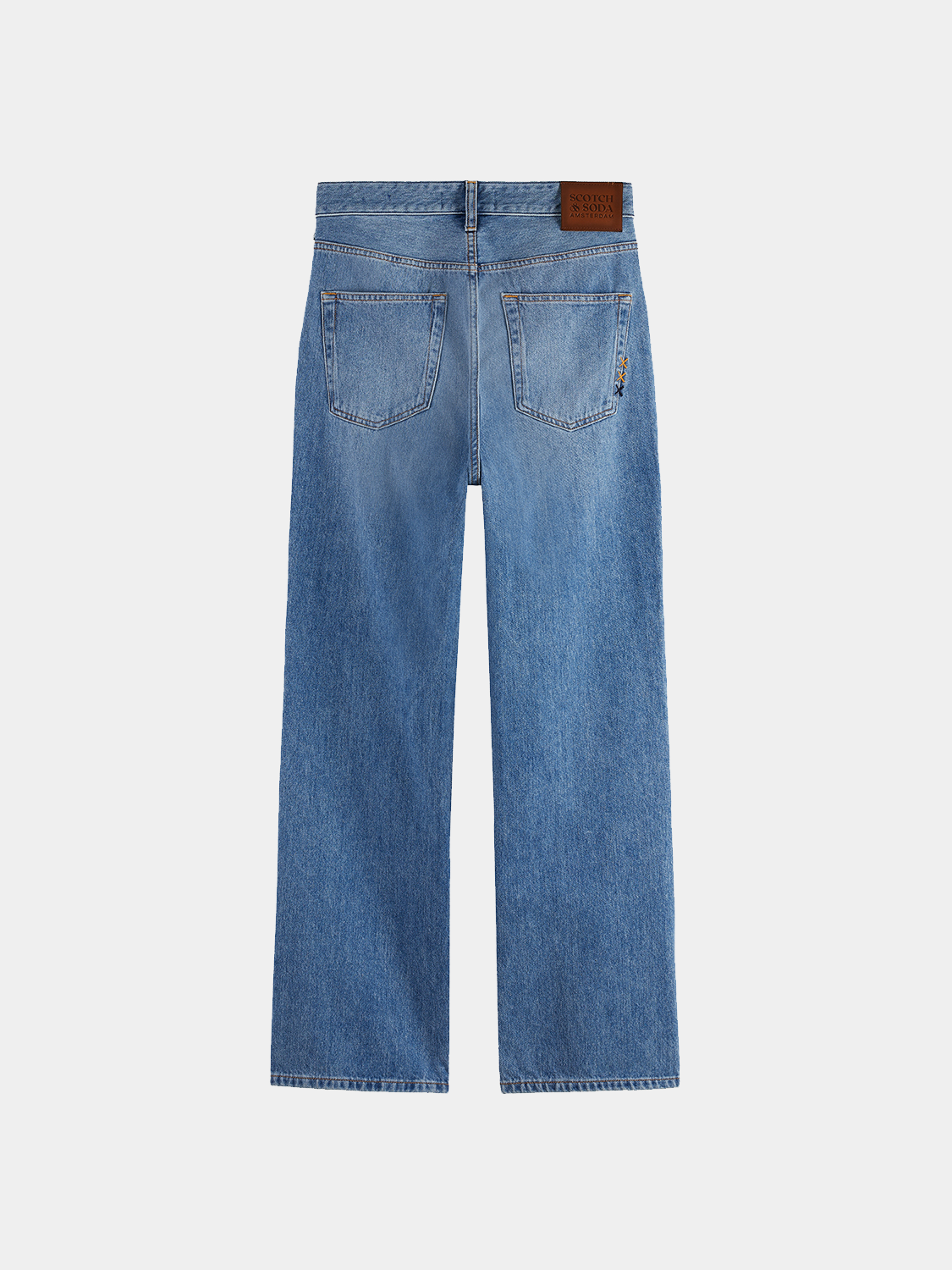 Wide-fit Scotch & Soda denim jeans in a dark wash, featuring classic five-pocket design and relaxed fit style.