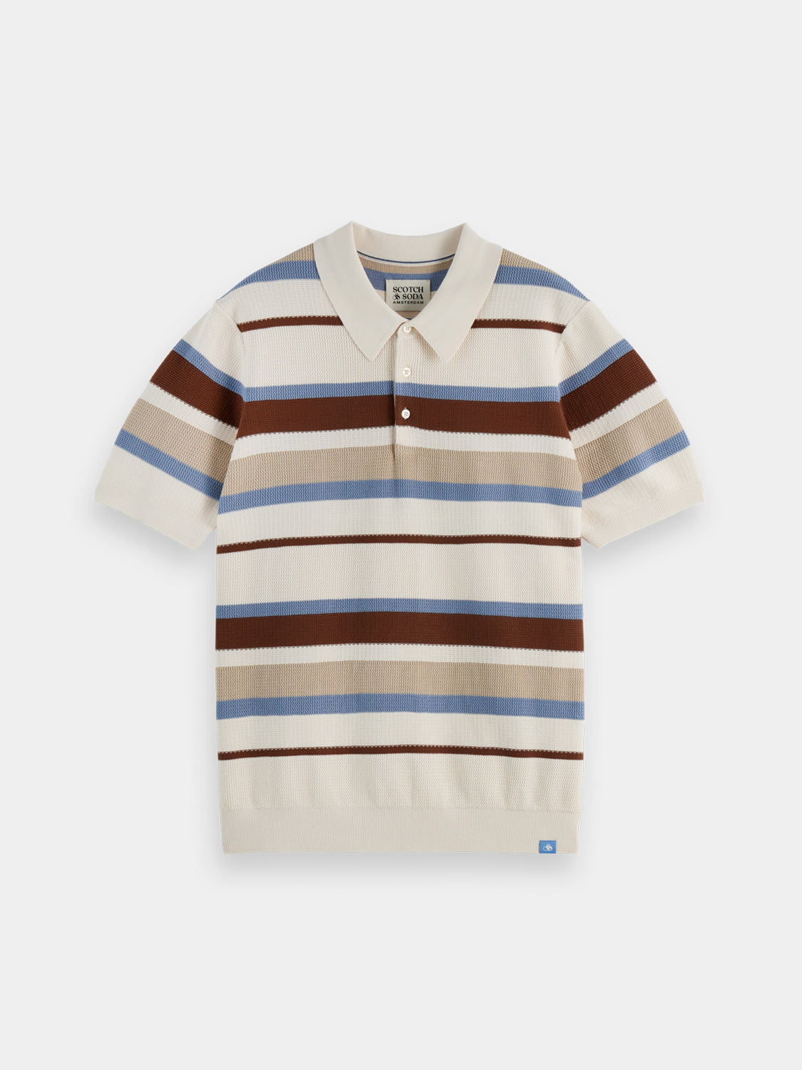 Knitted striped polo shirt by Scotch & Soda, featuring a classic collar and multicolor stripes on soft fabric.