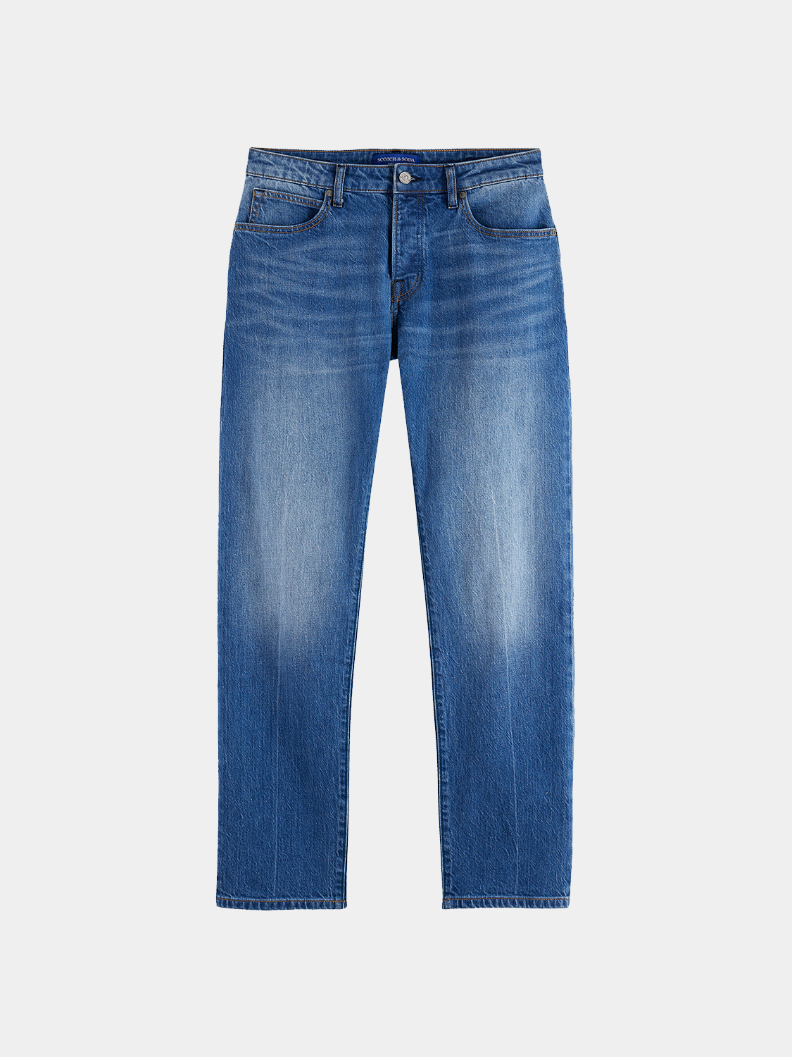 SCOTCH & SODA Zee straight-fit denim jeans, front view showing classic five-pocket design and dark wash denim.