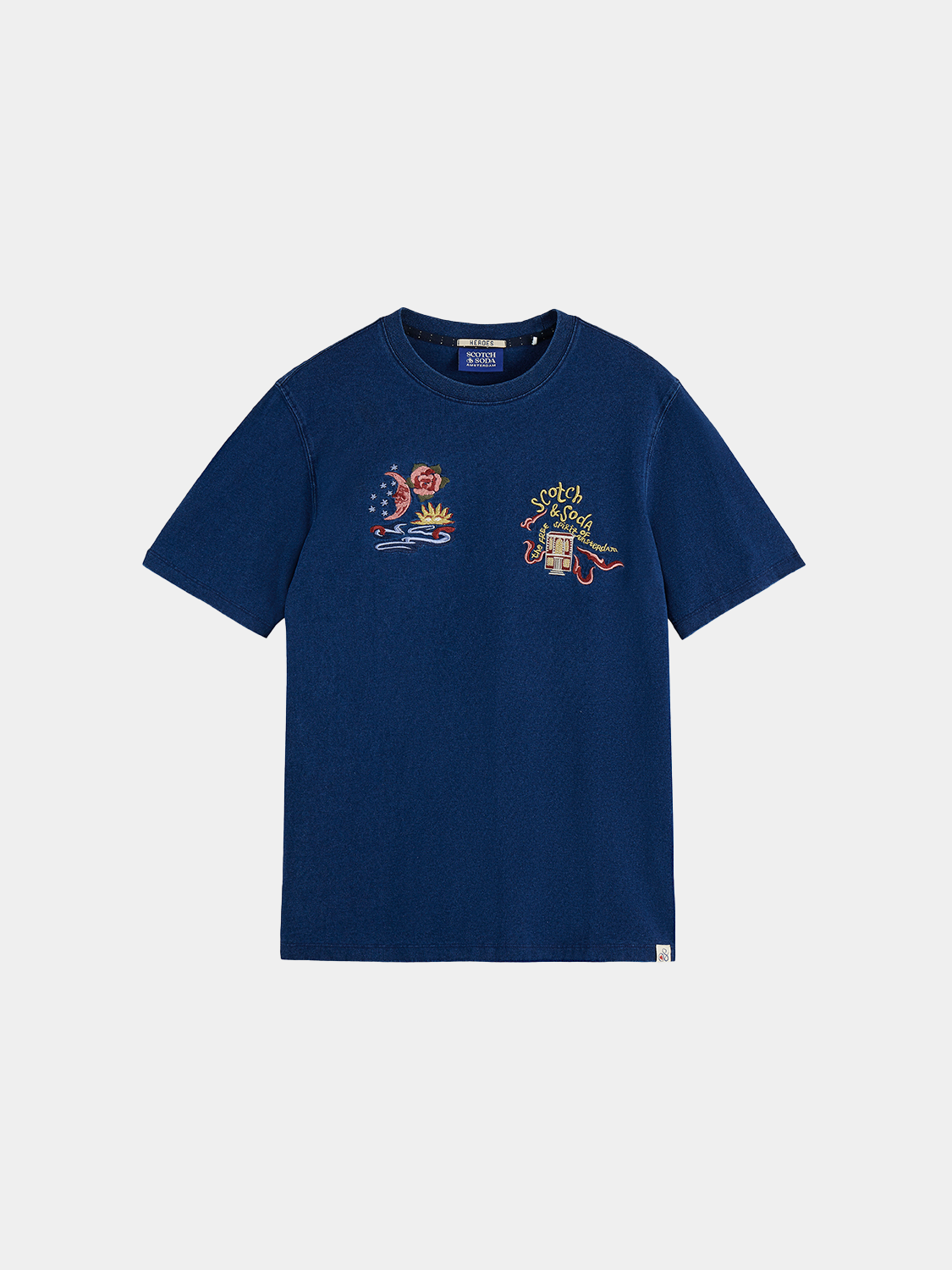 Embroidered indigo Scotch & Soda short sleeve t-shirt with colorful floral embroidery on front and casual fit.