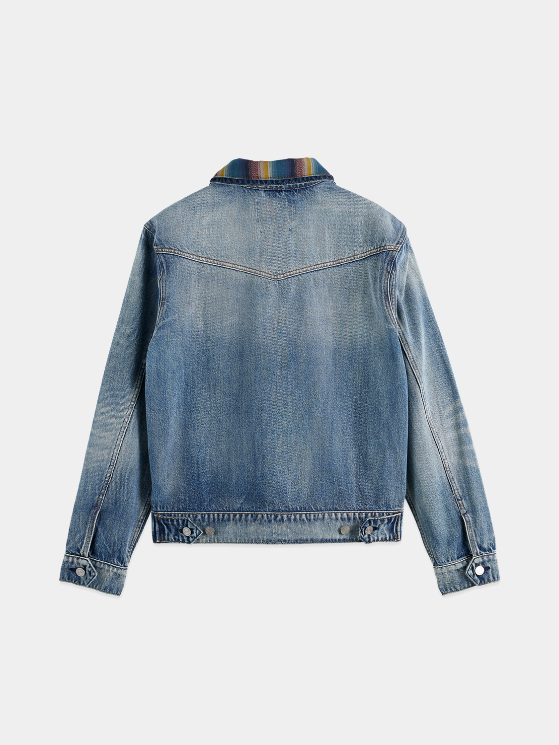 Washed ranch jacket by Scotch & Soda, casual denim jacket with distressed details and classic fit, front view.
