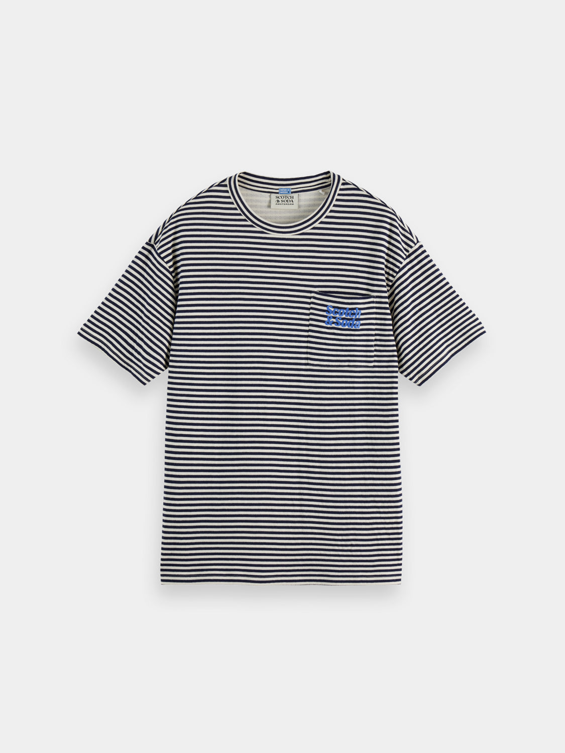 Front view of Scotch & Soda double face pocket short-sleeve T-shirt with contrasting fabric and chest pocket detail.