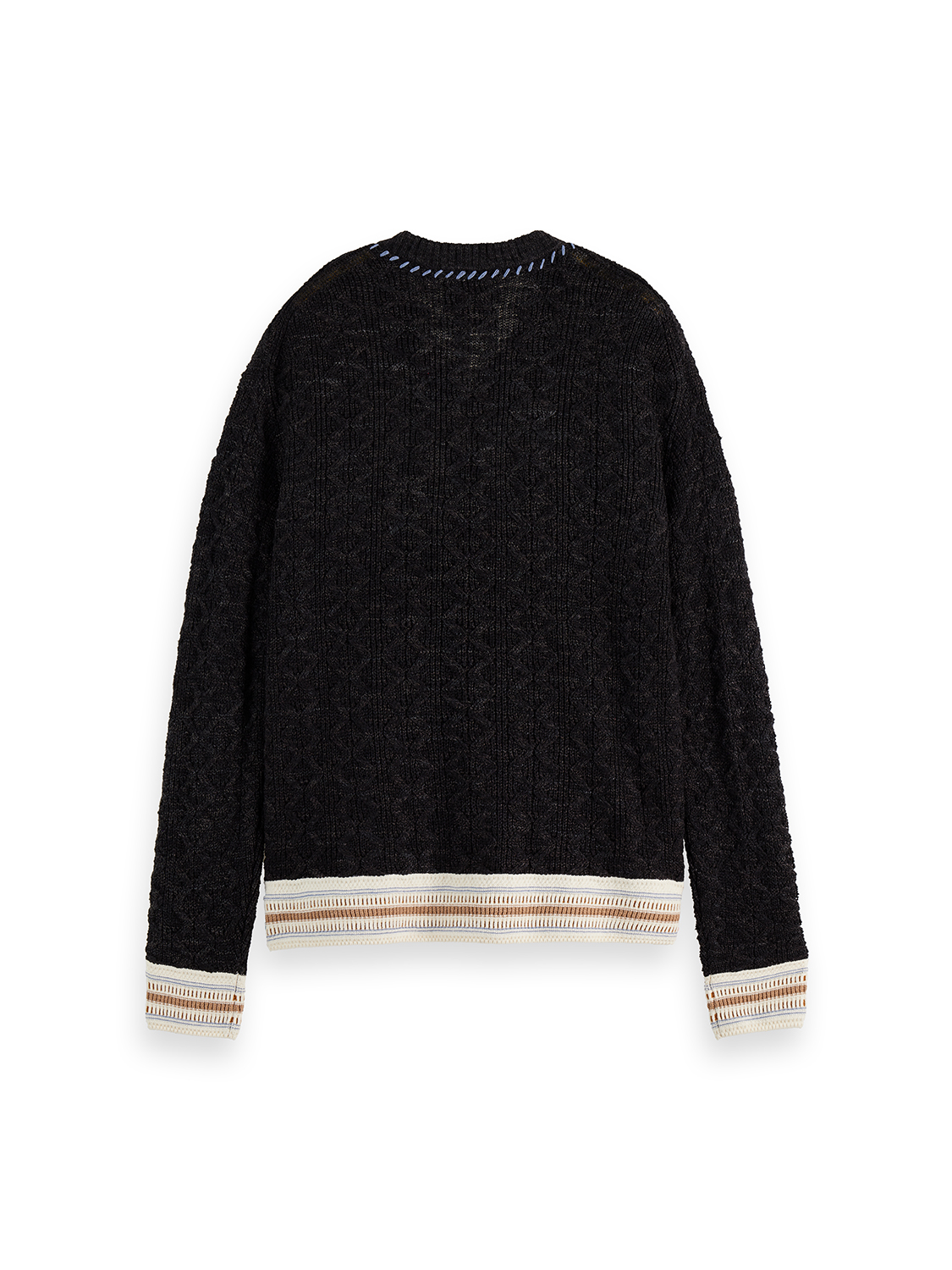 Dark blue Scotch & Soda V-neck cable knit pullover with textured cable patterns, close-up view of the knitwear.
