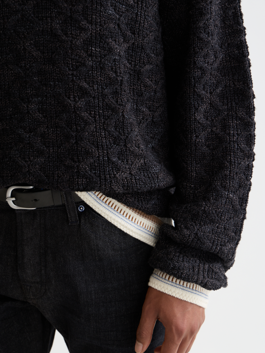 Gray SCOTCH & SODA V-neck cable knit pullover, close-up of textured knit fabric and V-neck style.
