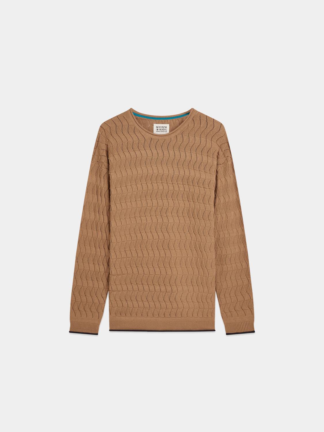 Pointelle knitwear pullover by Scotch & Soda with delicate openwork pattern, showcasing soft fabric and classic crew neck design.