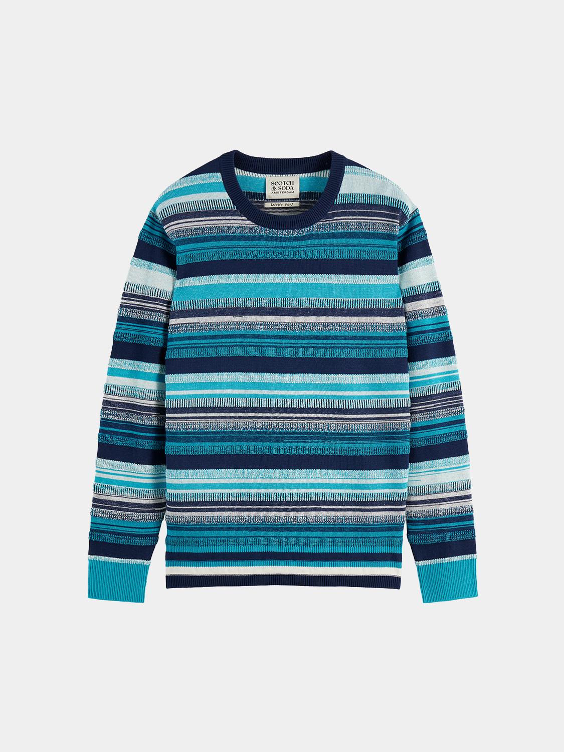 Striped Scotch & Soda knitwear pullover with a cozy, stylish design, featuring colorful stripes and a comfortable fit.