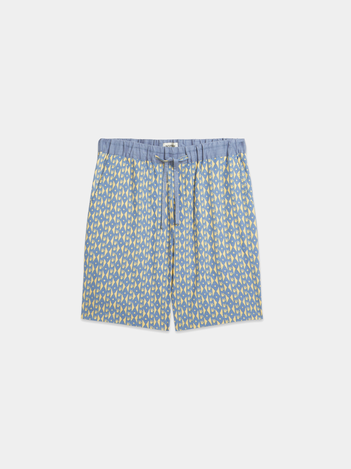 Scotch & Soda Fave printed shorts with colorful floral pattern and relaxed fit, displayed on a hanger.