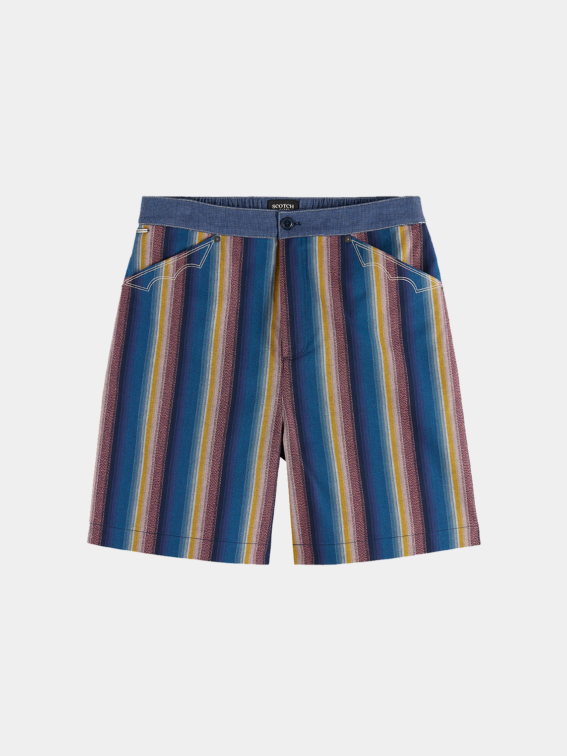 Striped shorts from SCOTCH & SODA with a relaxed fit and colorful pattern, displayed on a neutral background.