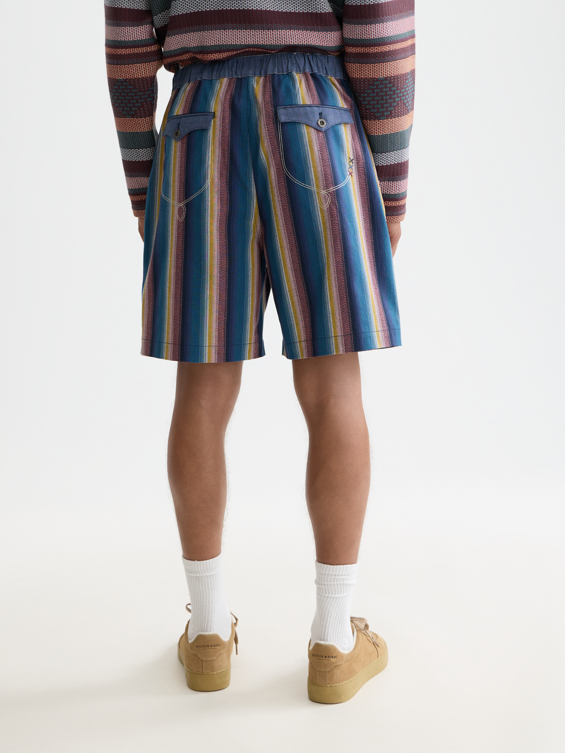 Striped shorts by Scotch & Soda featuring a colorful pattern and casual fit, shown from the back view.