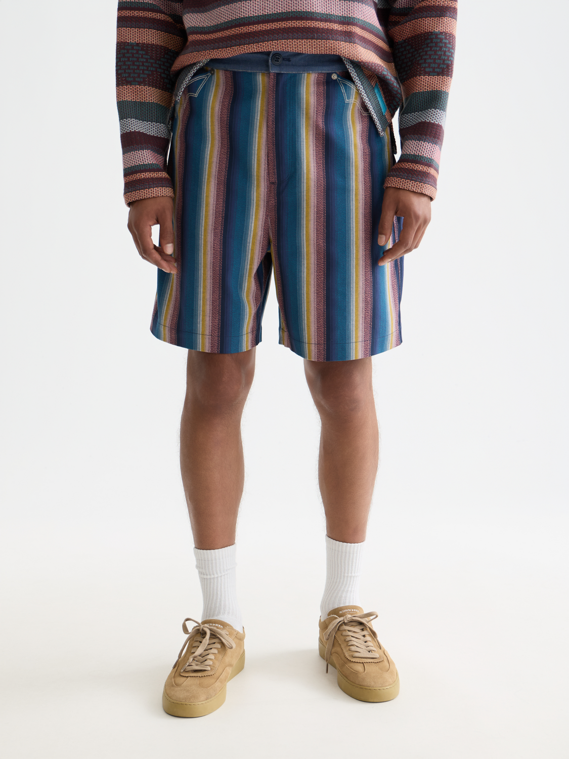 Striped shorts by Scotch & Soda featuring a casual design with blue and white horizontal stripes, front view.