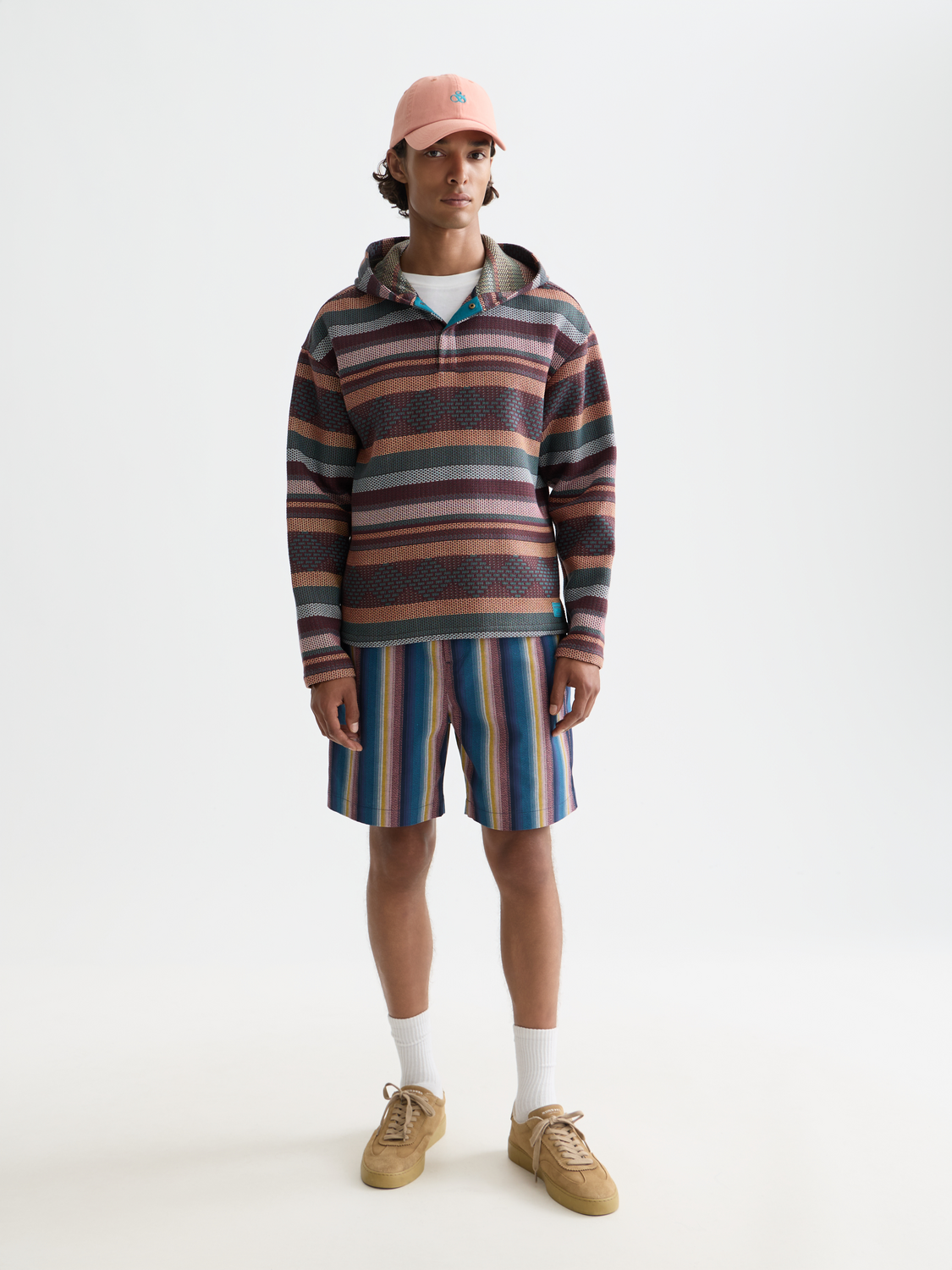 Striped shorts by Scotch & Soda featuring a casual fit with blue and white horizontal stripes, front view.