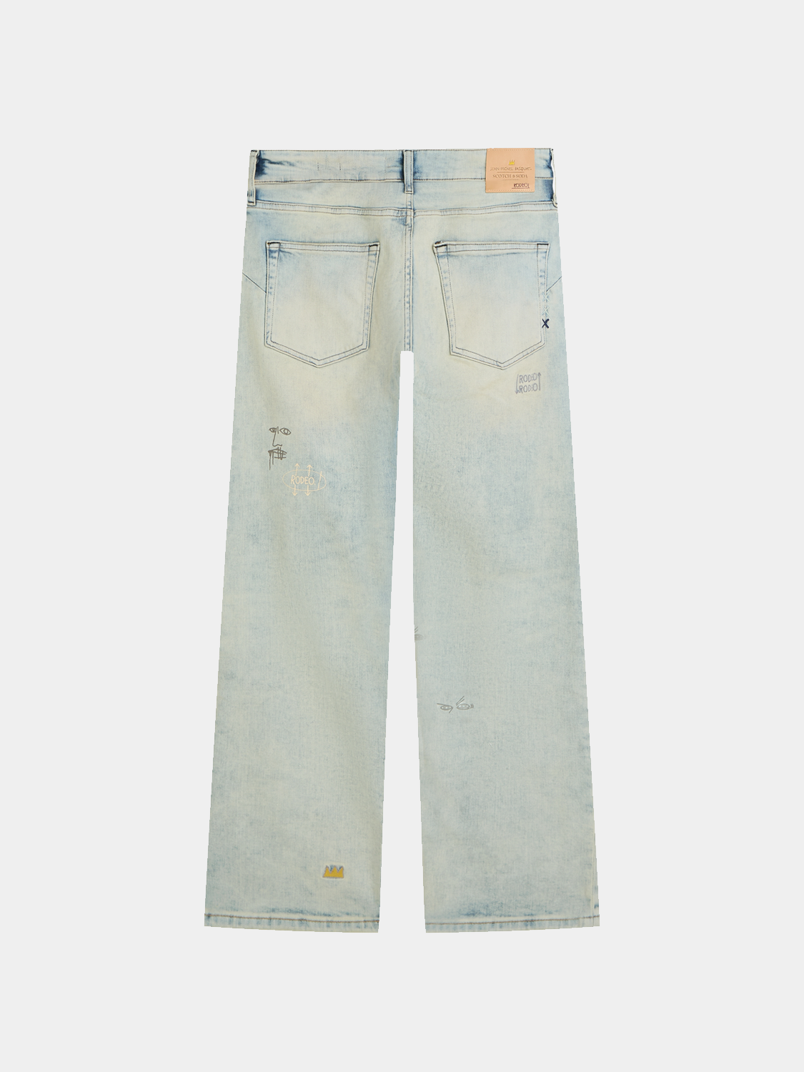 Dark blue S&S x Basquiat Zee straight-fit denim jeans by Scotch & Soda displayed on a hanger.
