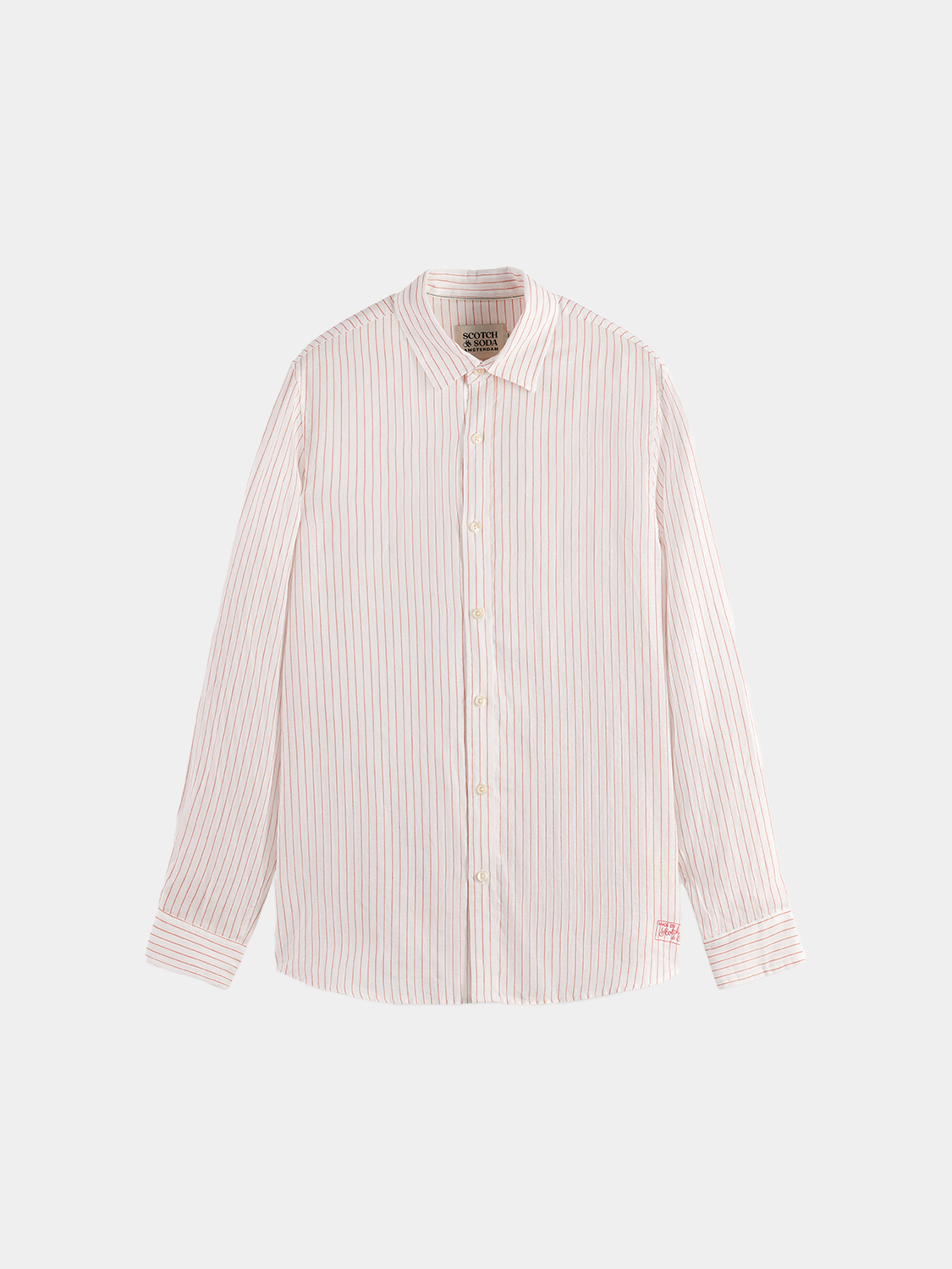 Long-sleeve striped linen shirt by Scotch & Soda, featuring a relaxed fit and classic pattern, displayed on a hanger.