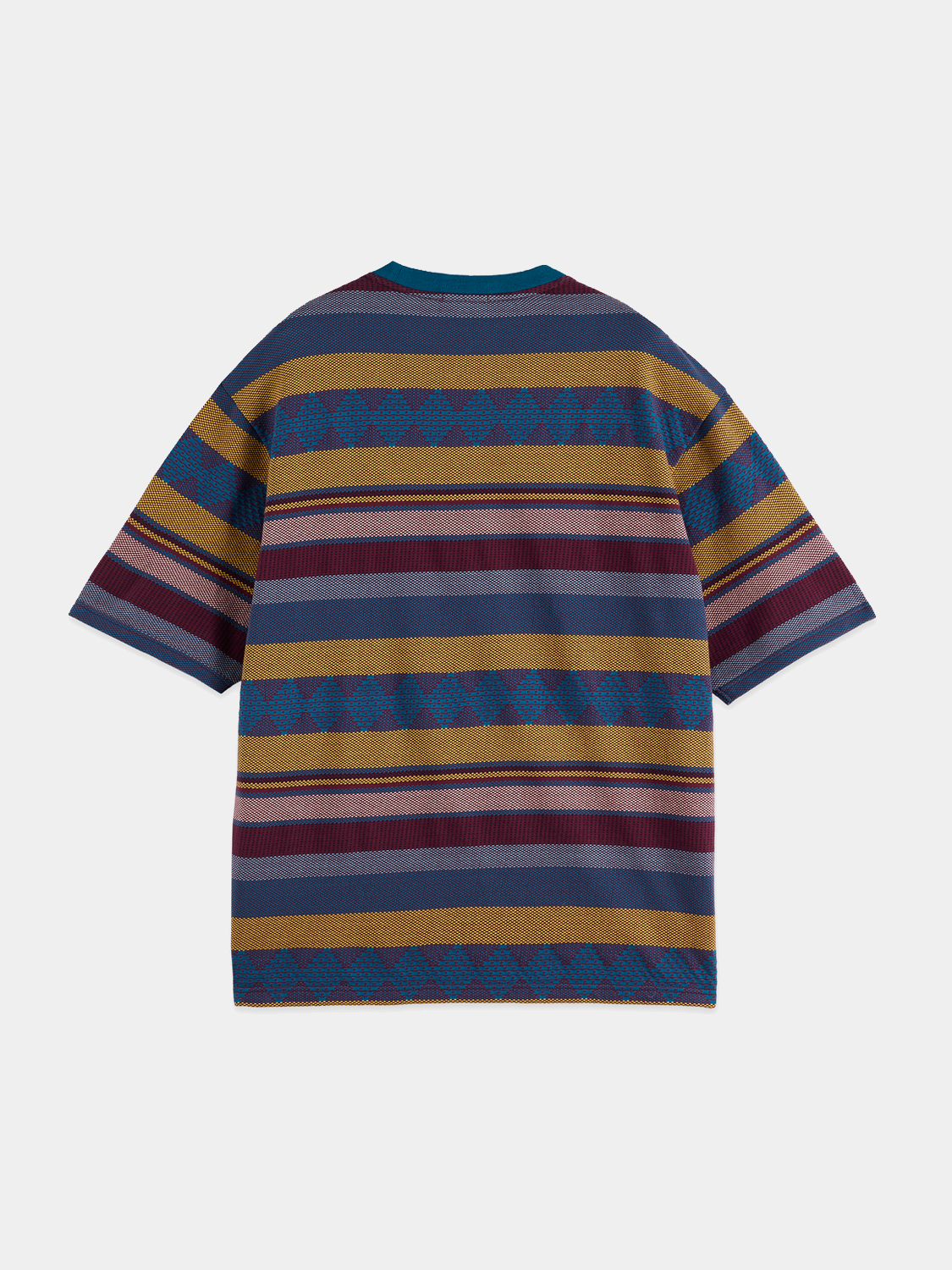 Jacquard knitted Scotch & Soda short sleeve T-shirt with intricate pattern, black color, front view.