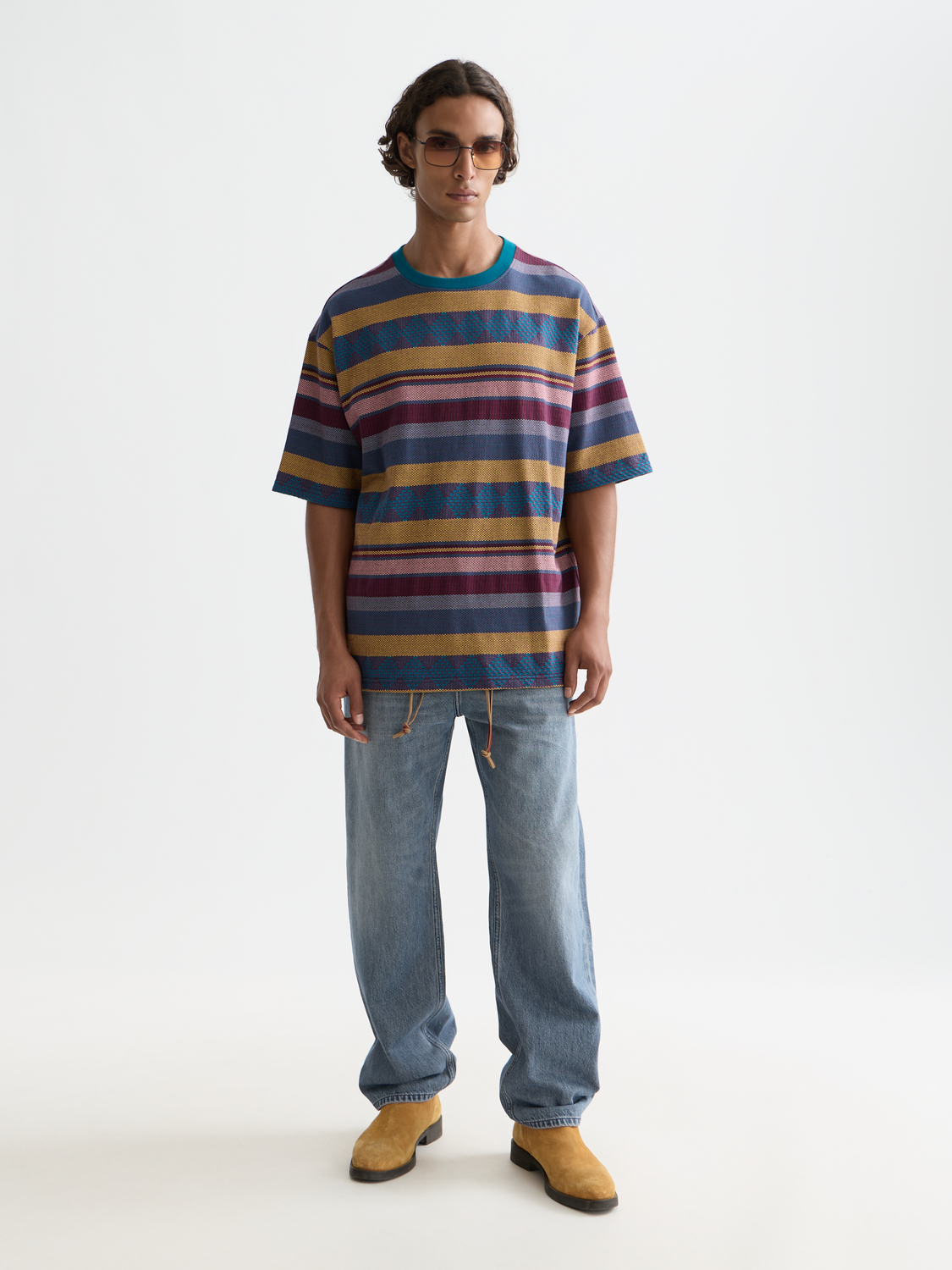 Jacquard knitted Scotch & Soda short-sleeve T-shirt with intricate pattern, front view, lightweight and stylish summer tee.