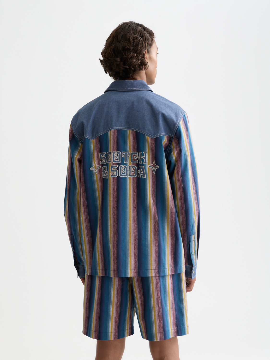 Striped Scotch & Soda long-sleeve western shirt with button front and classic collar, displayed on a model.