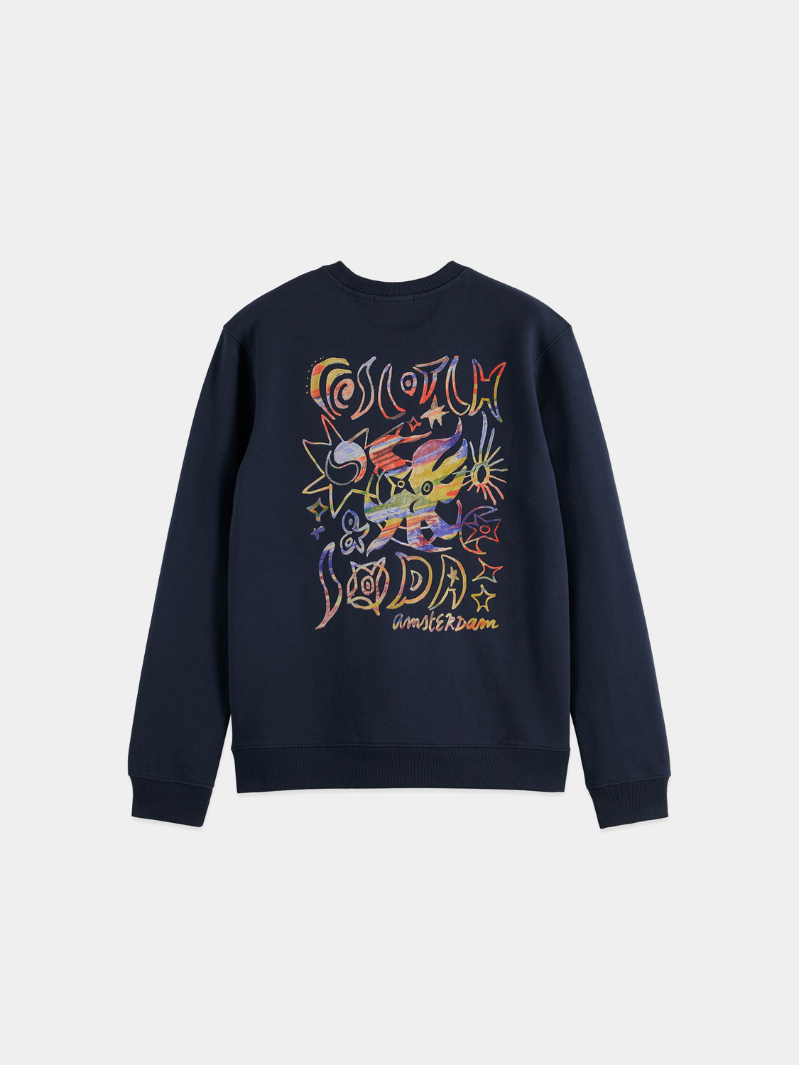 SCOTCH & SODA artwork sweatshirt showing a creative graphic design on the front, made from comfortable sweats fabric.