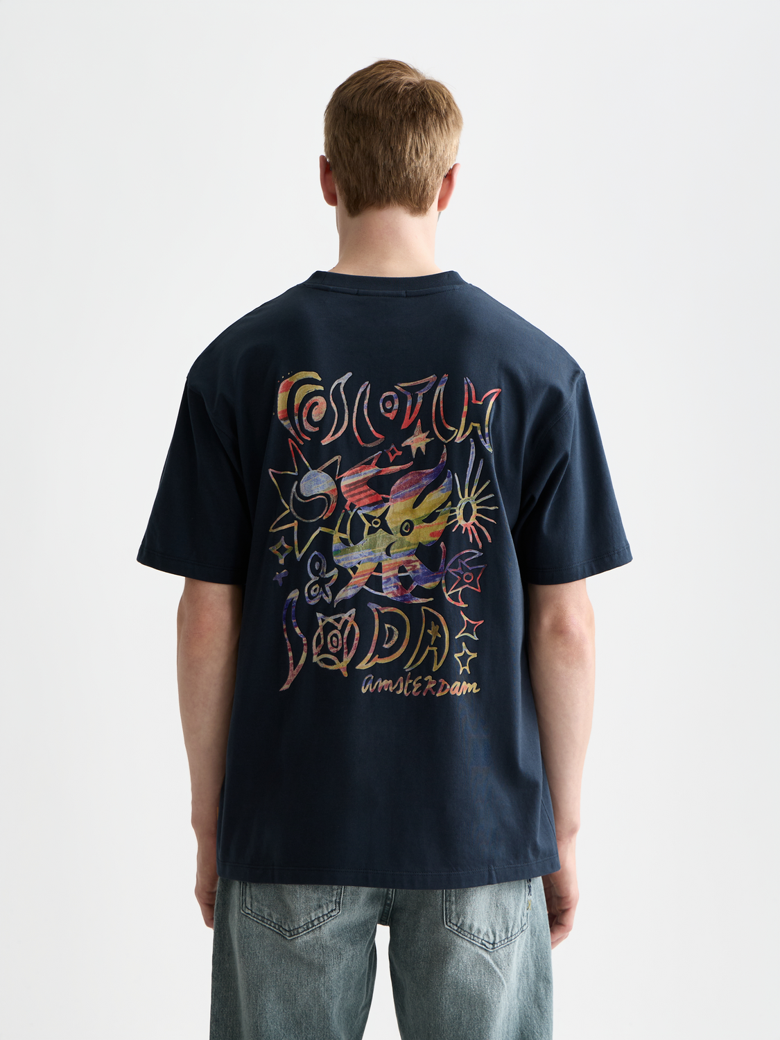 SCOTCH & SODA artwork short sleeve t-shirt, front view showing colorful graphic design on soft cotton fabric.