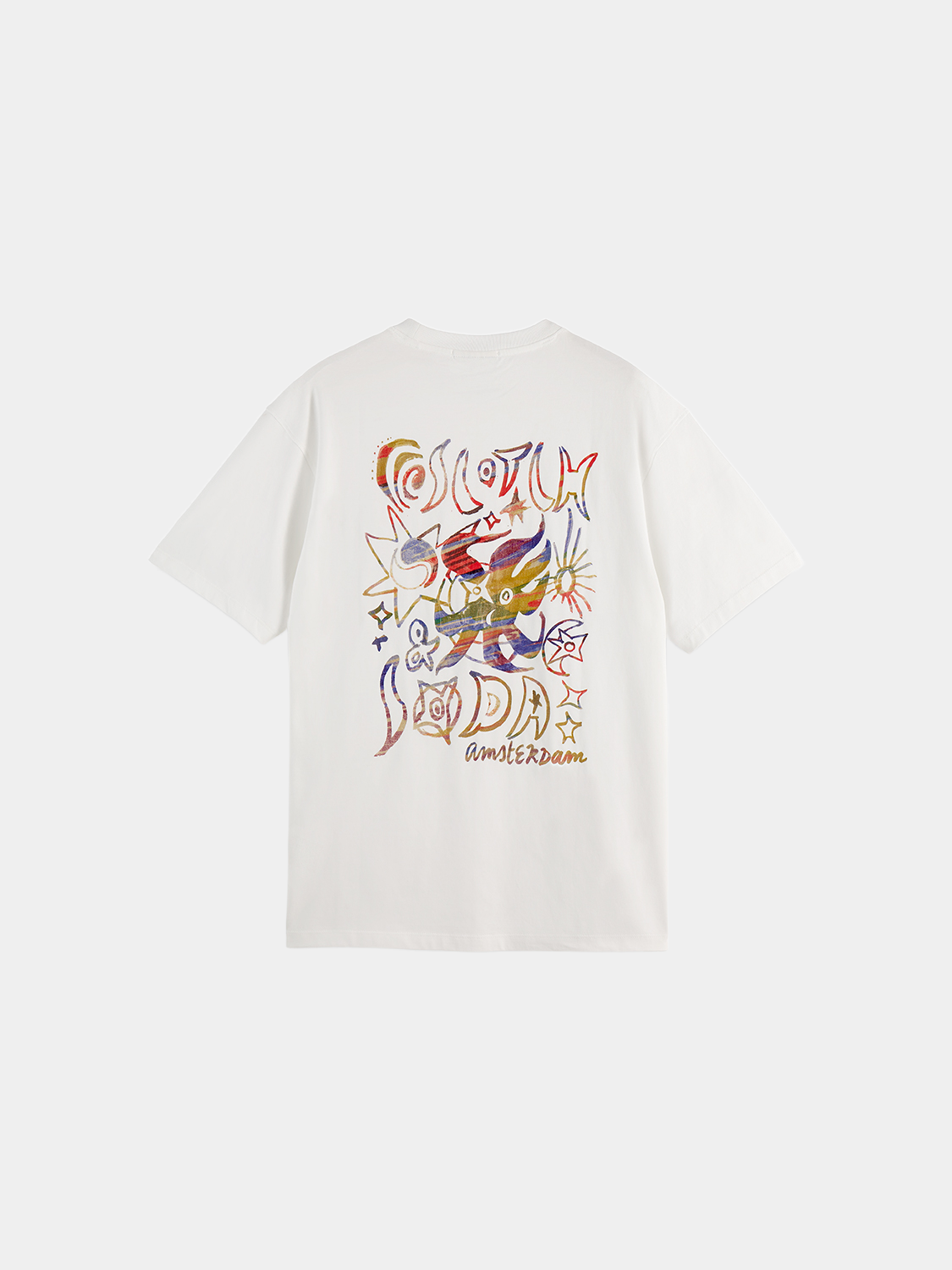 Scotch & Soda artwork short sleeve t-shirt in black with colorful graphic design on front, casual men's fashion tee